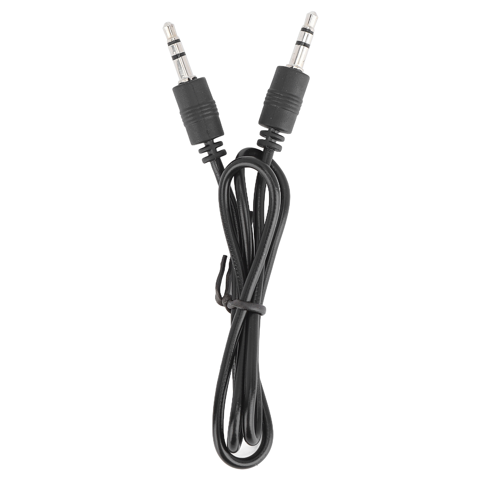 Zwei schwarze 3,5-mm-Audio-Klinkenkabel, verbunden durch einen schwarzen Draht, auf weißem Hintergrund.