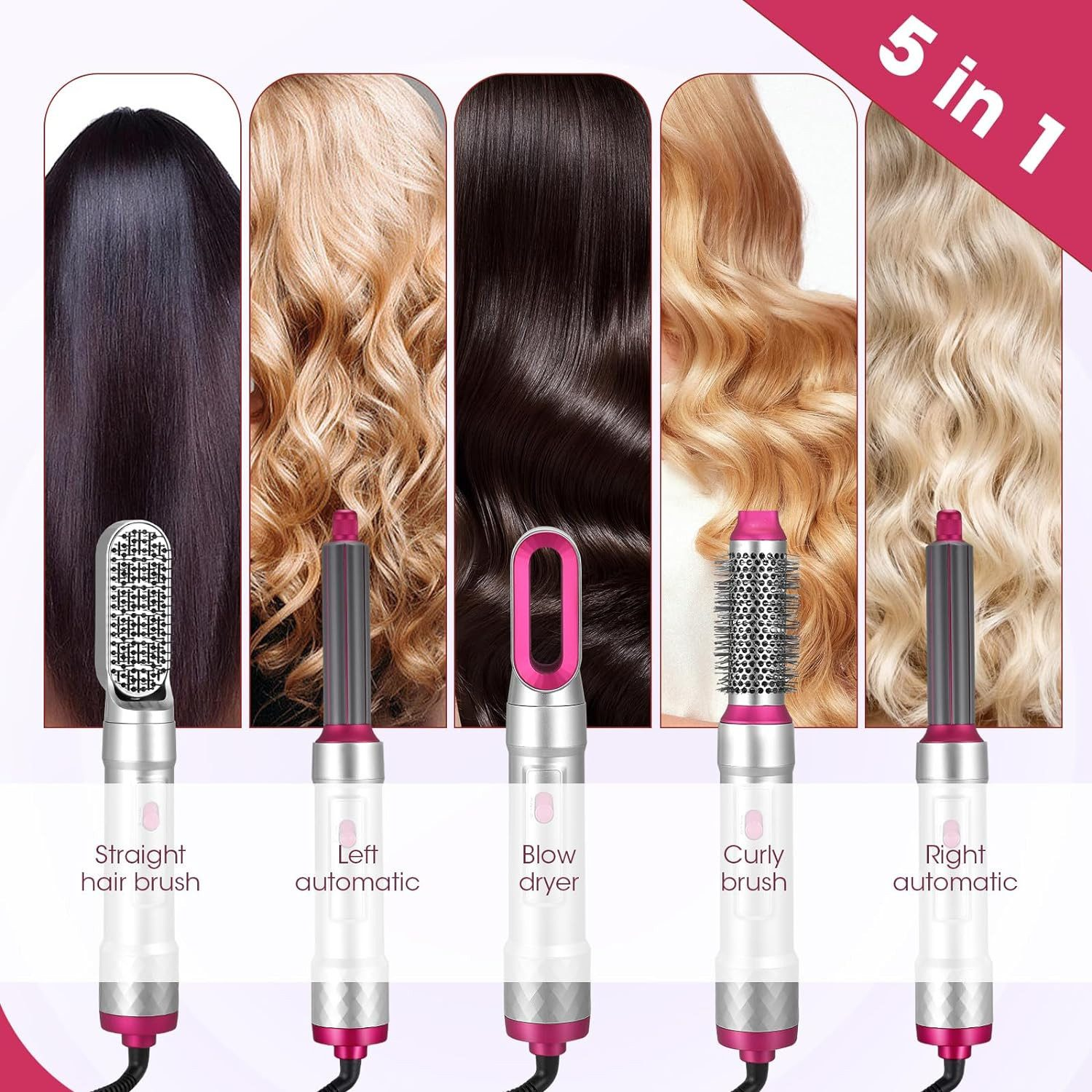 Ein Haarstyling-Werkzeug mit 5 Aufsätzen für verschiedene Stile. Enthält eine Glättbürste, automatische Lockenwickler und einen Fön.