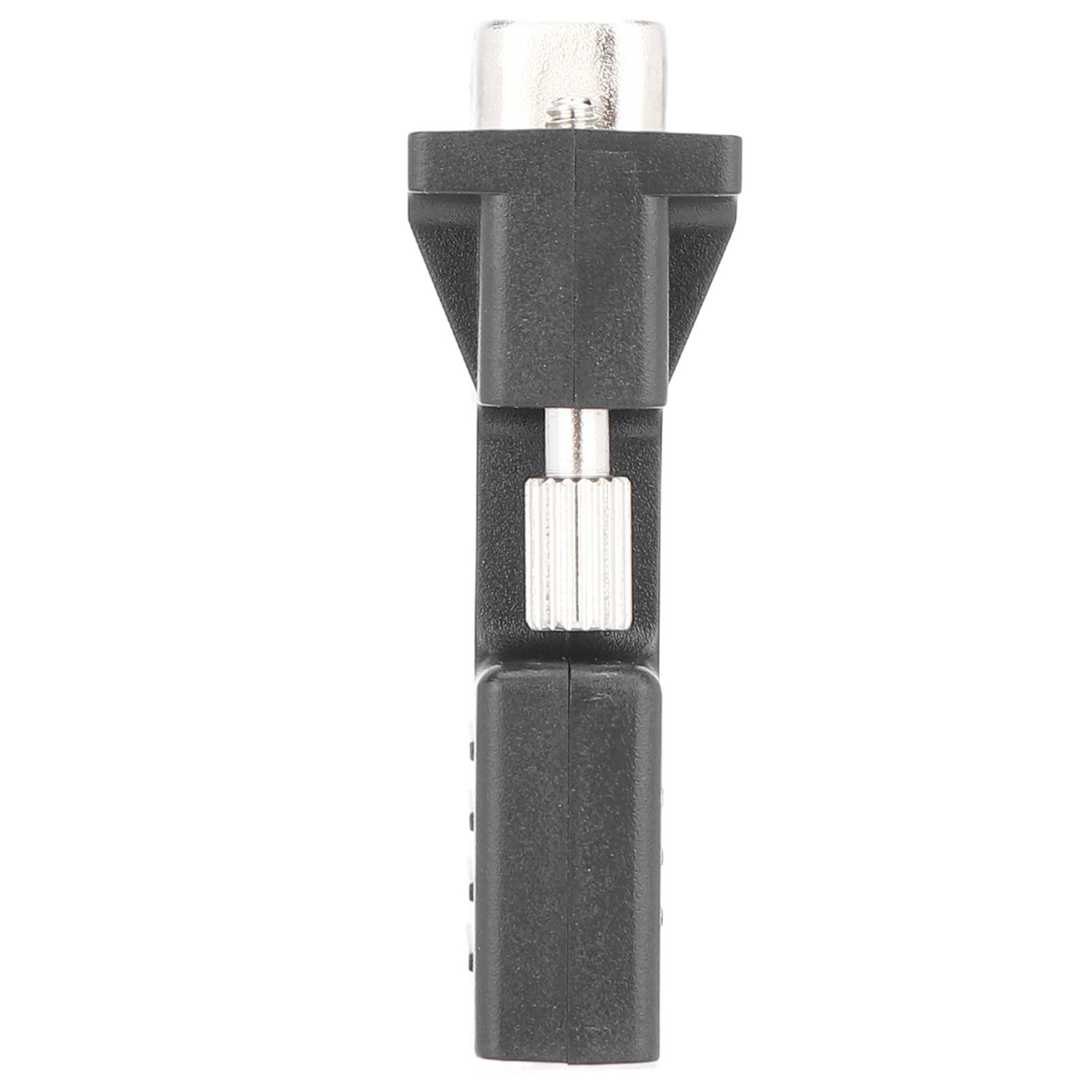 Ein schwarzer und silberner Adapter, wahrscheinlich für Computeranschlüsse, zentriert auf weißem Hintergrund.