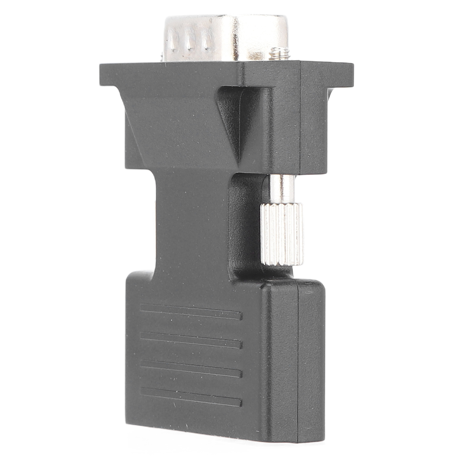 Ein schwarzer und silberner D-Sub-Adapter. Er hat einen Stecker und eine Rändelschraube. Weißer Hintergrund.