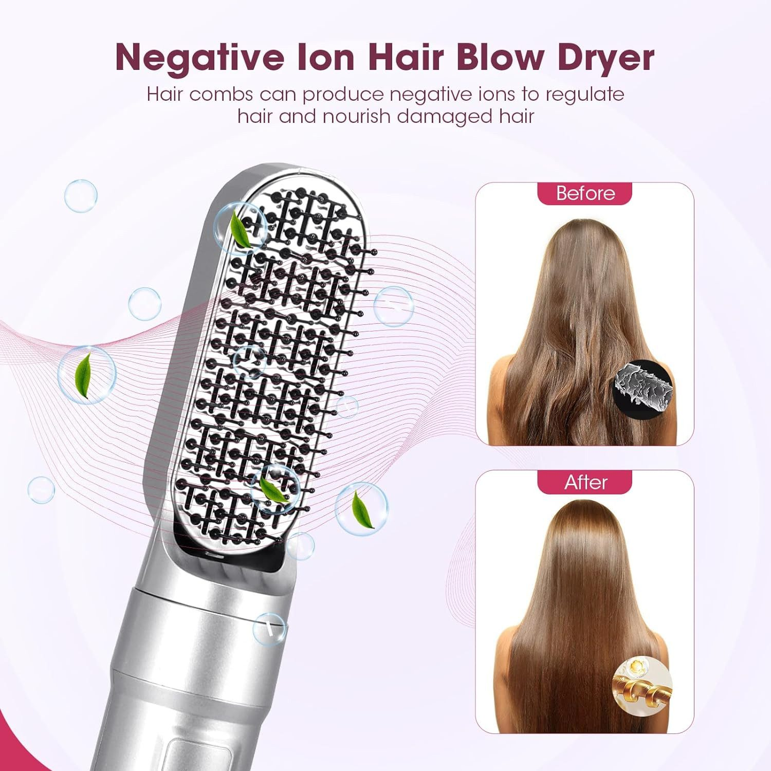 Ein silberner Haartrockner mit Kamm, Vorher- und Nachher-Bilder von Haaren. Text: Negative Ionen-Haartrockner. Haare sehen danach glatter aus.