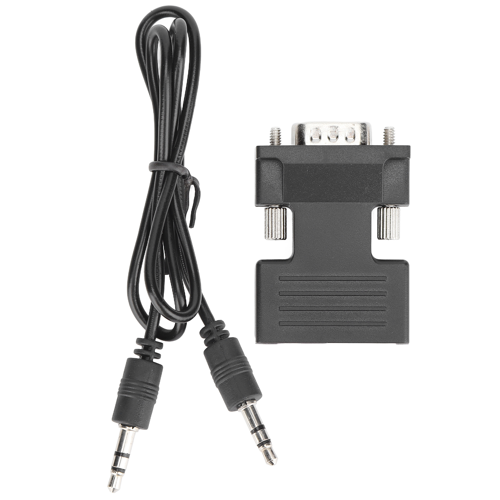 Ein schwarzes Kabel mit zwei Audioanschlüssen und ein schwarzer Adapter mit silbernem Stecker auf weißem Hintergrund.