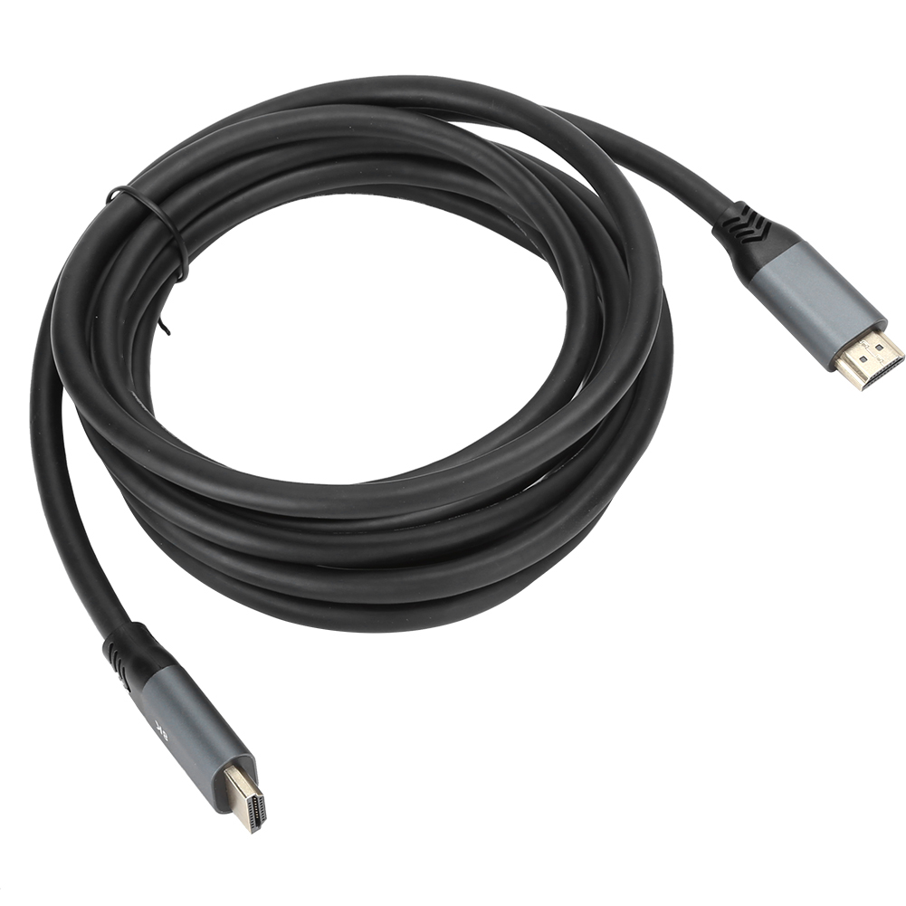 Ein aufgewickeltes schwarzes HDMI-Kabel mit grauen Steckern. Das Kabel liegt auf weißem Hintergrund. Die Stecker befinden sich an jedem Kabelende.