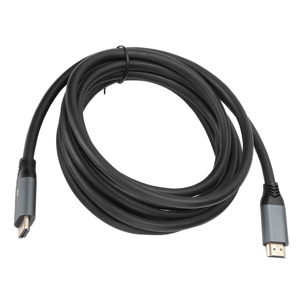 Ein schwarzes HDMI-Kabel, das sich auf einer weißen Oberfläche befindet. Die Anschlüsse an jedem Ende sind grau.