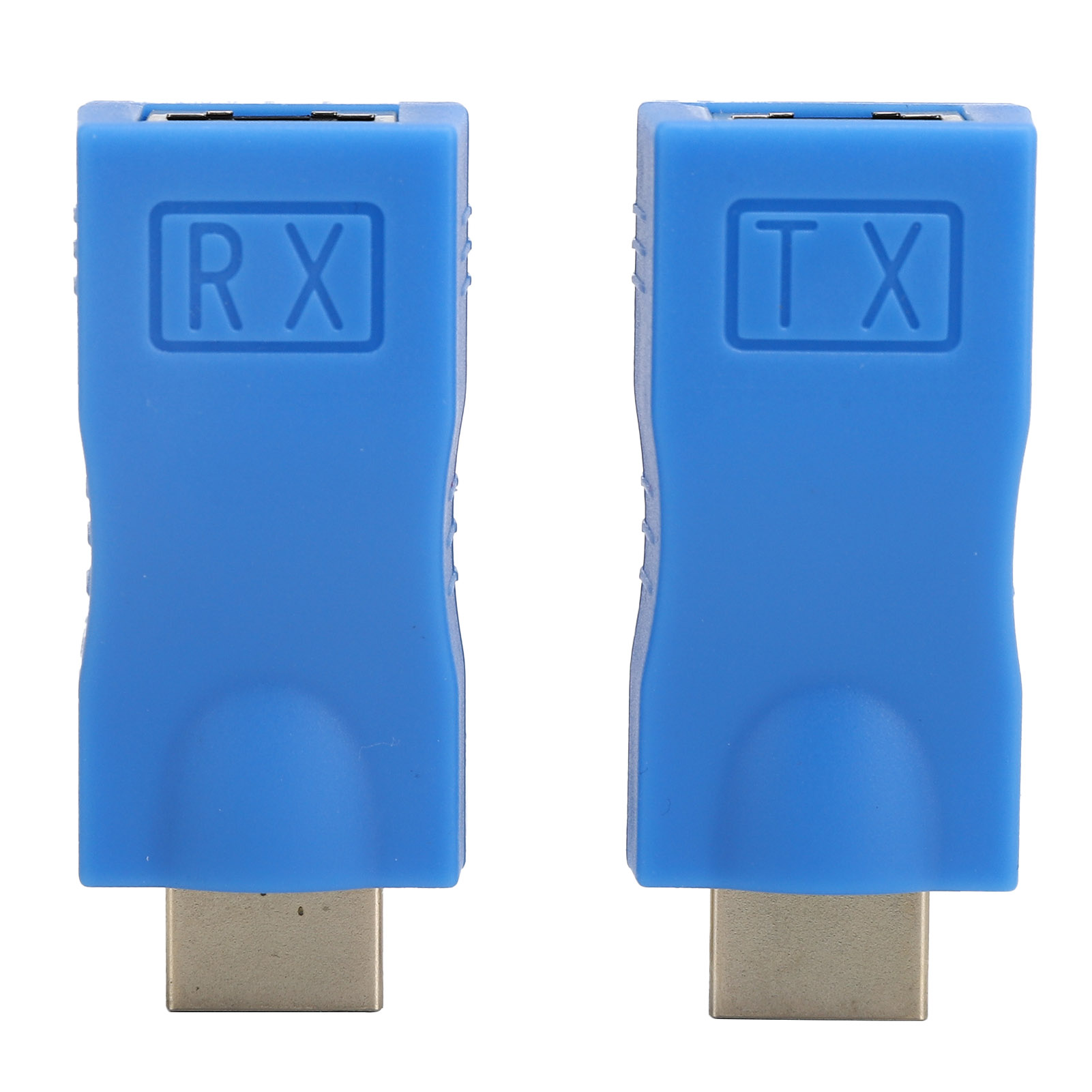 Zwei blaue HDMI-Adapter, einer mit 'RX' und der andere mit 'TX', nebeneinander auf weißem Hintergrund.