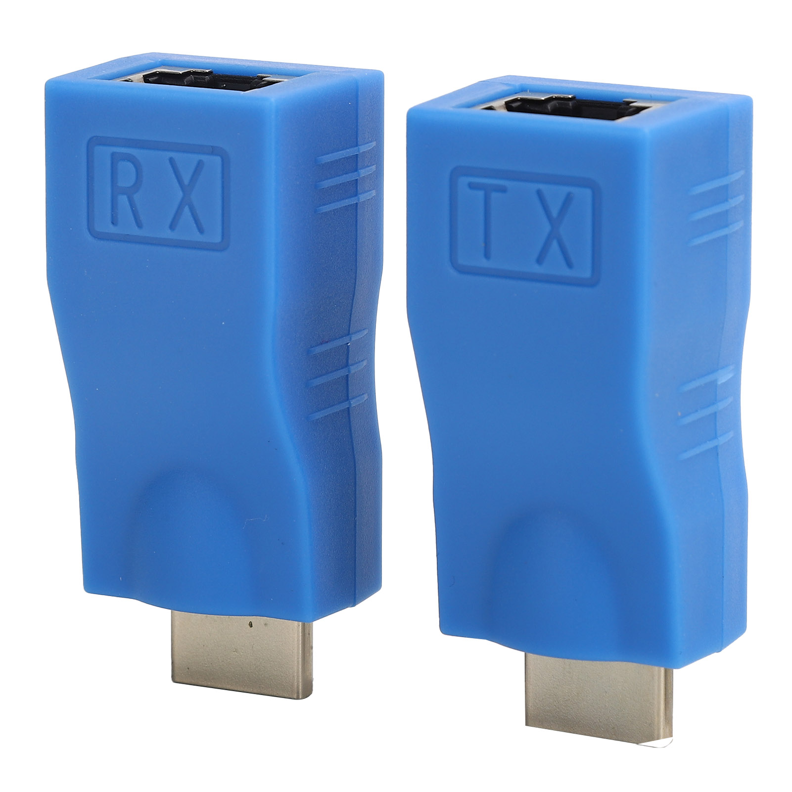 Zwei blaue HDMI-Anschlüsse, einer mit RX, der andere mit TX gekennzeichnet. Beide haben silberne Stecker.