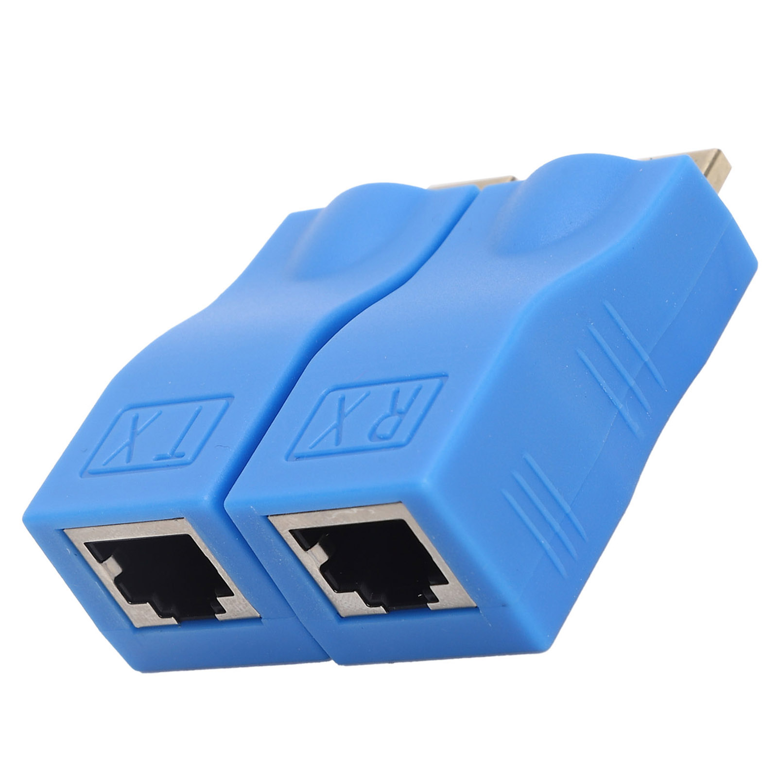 Zwei blaue RJ45-zu-HDMI-Adapter liegen nebeneinander. Jeder hat einen schwarzen Anschluss und eine Metallspitze.