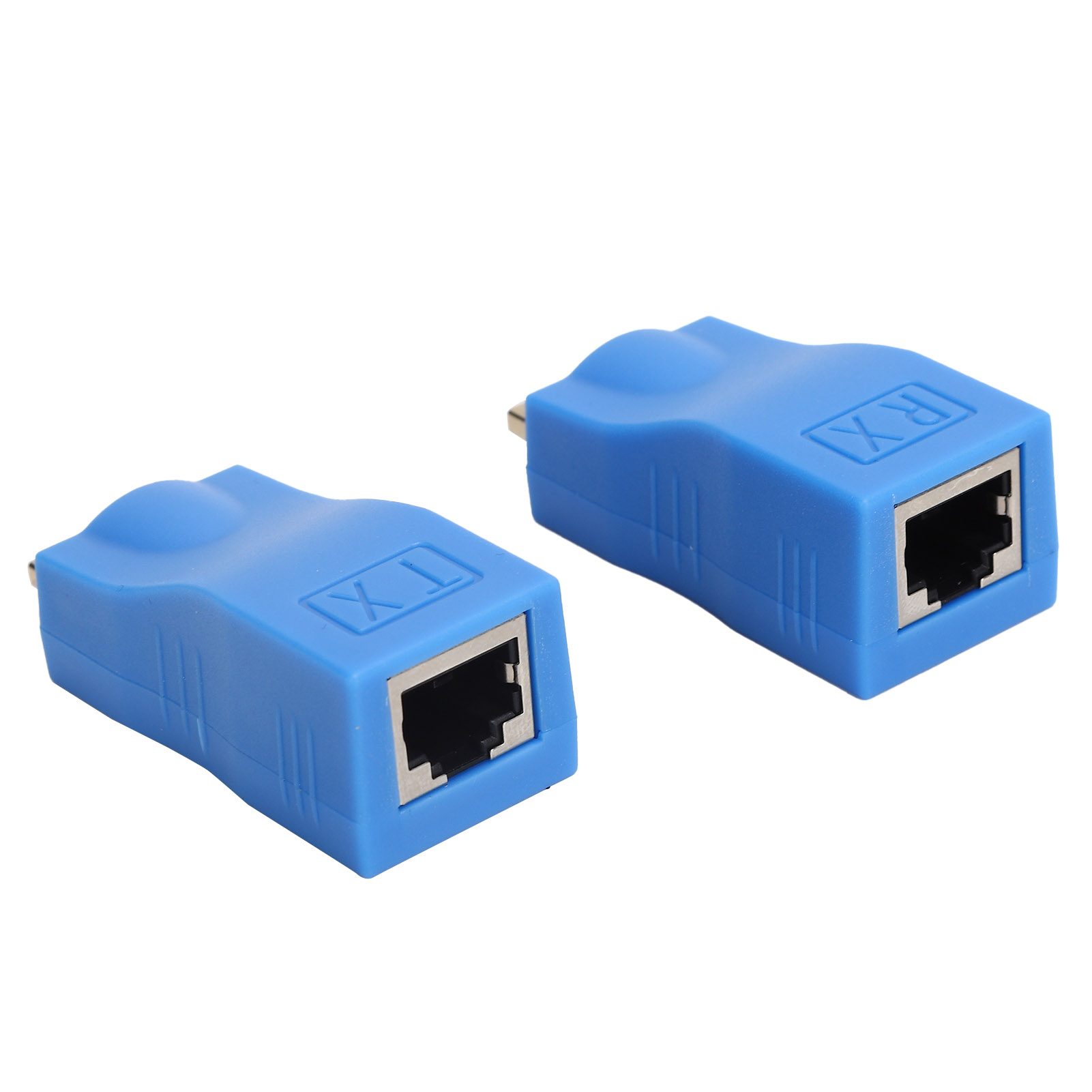 Zwei blaue RJ45-Stecker mit schwarzen Einsätzen liegen auf weißem Hintergrund. Einer hat TX- und der andere RX-Symbole.