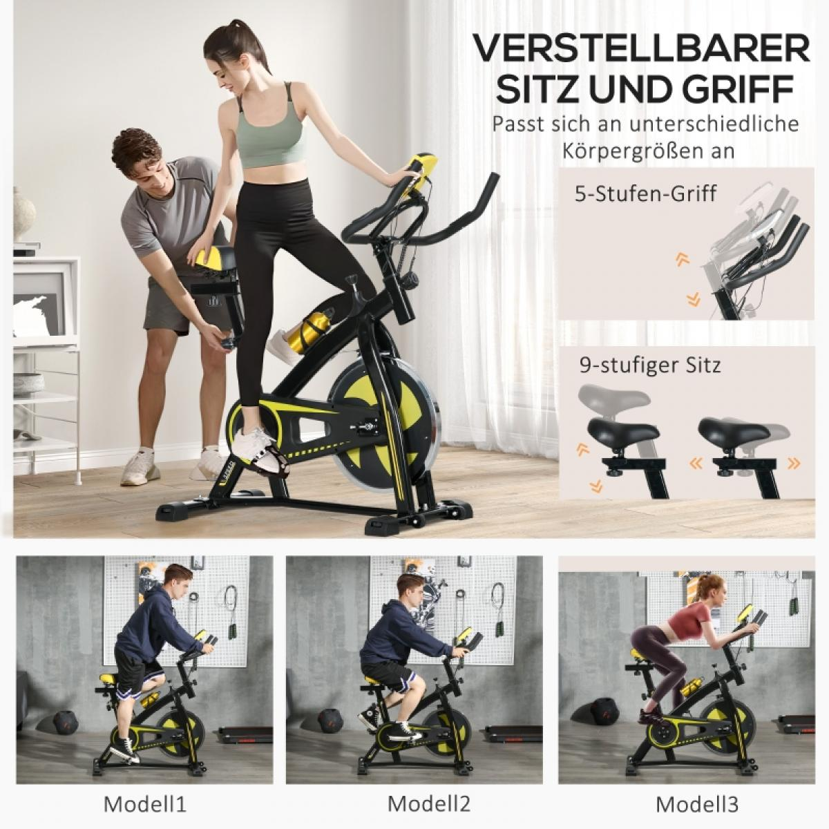 Eine Frau auf einem Heimtrainer, unterstützt von einem Mann. Zusätzliche Bilder zeigen Modelle, die das Fahrrad benutzen.