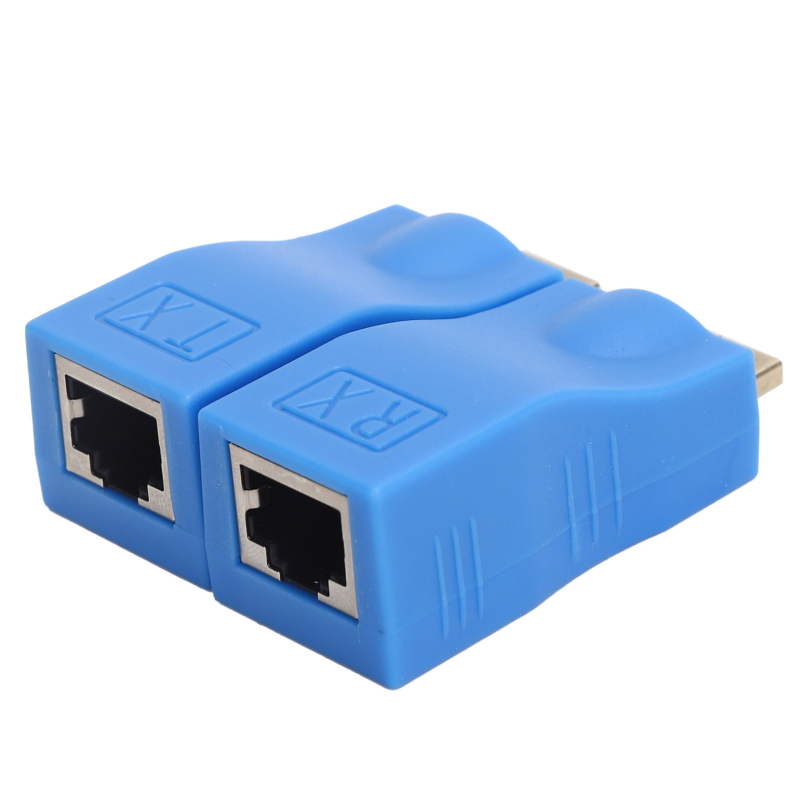 Zwei blaue RJ45-Steckverbinder, mit TX und RX gekennzeichnet, nebeneinander. Sie haben Metallschnittstellen und sind auf weißem Grund.