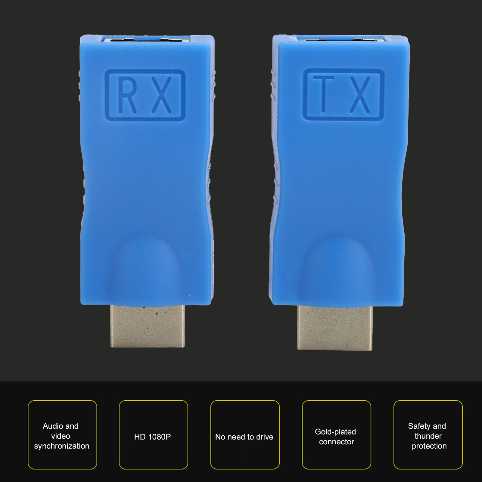 Zwei blaue HDMI-Adapter. Einer mit RX, der andere mit TX. Beide haben goldene Anschlüsse. Der Hintergrund ist schwarz.
