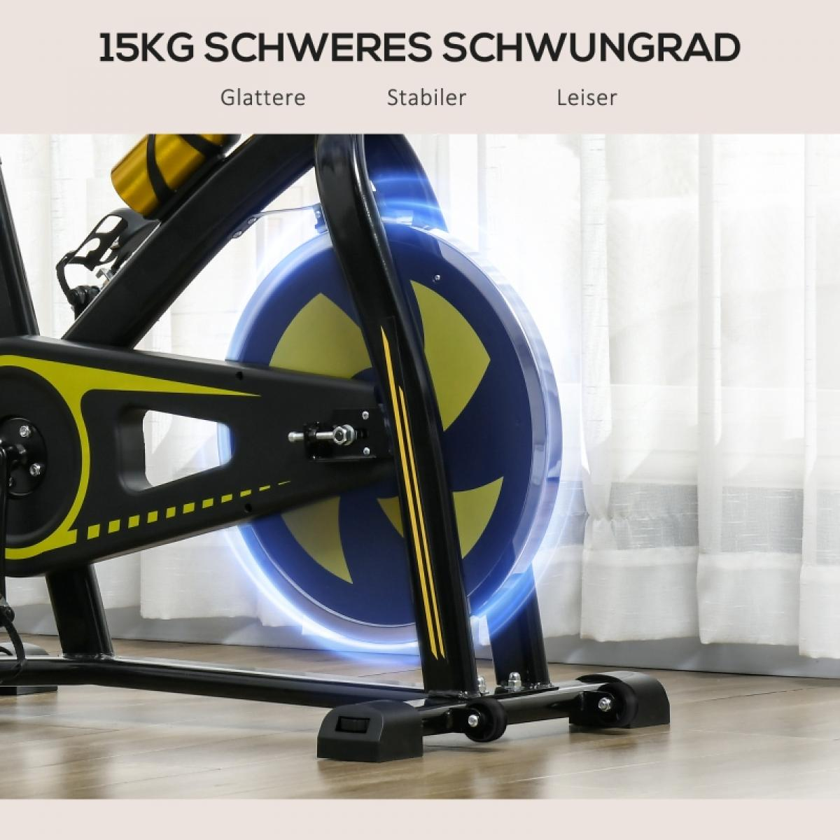Heimtrainer mit blauem und gelbem Schwungrad. Schwarzer Rahmen mit gelben Akzenten. Eine Wasserflasche ist befestigt. Weiße Vorhänge im Hintergrund.