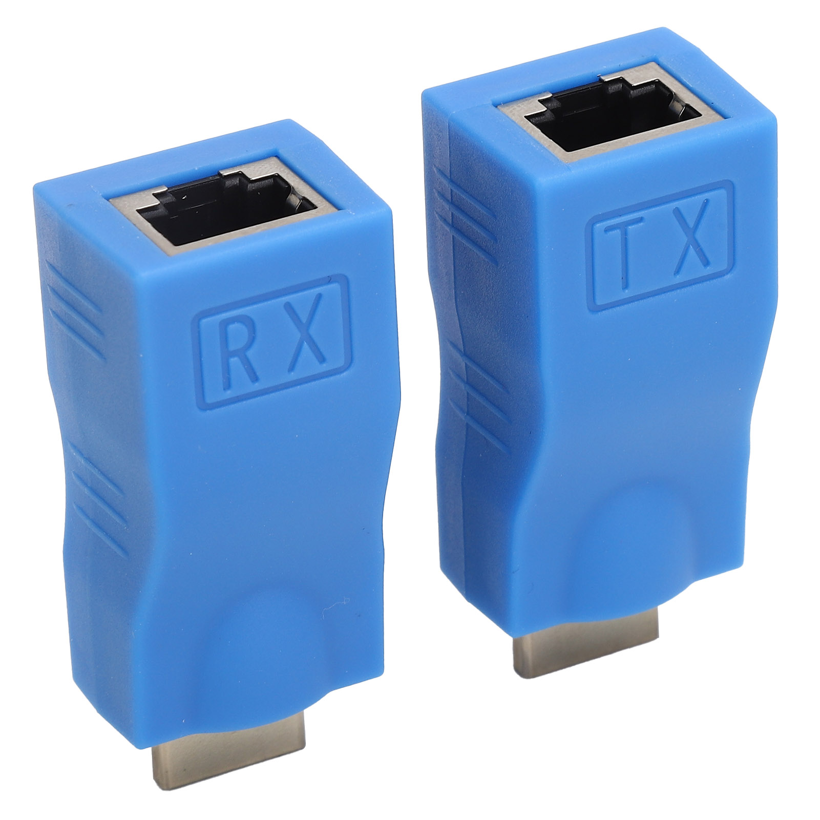 Zwei blaue RJ45-zu-HDMI-Adapter. Einer mit „RX“ gekennzeichnet, der andere mit „TX“. Beide haben eine rechteckige Öffnung und einen Metallanschluss.