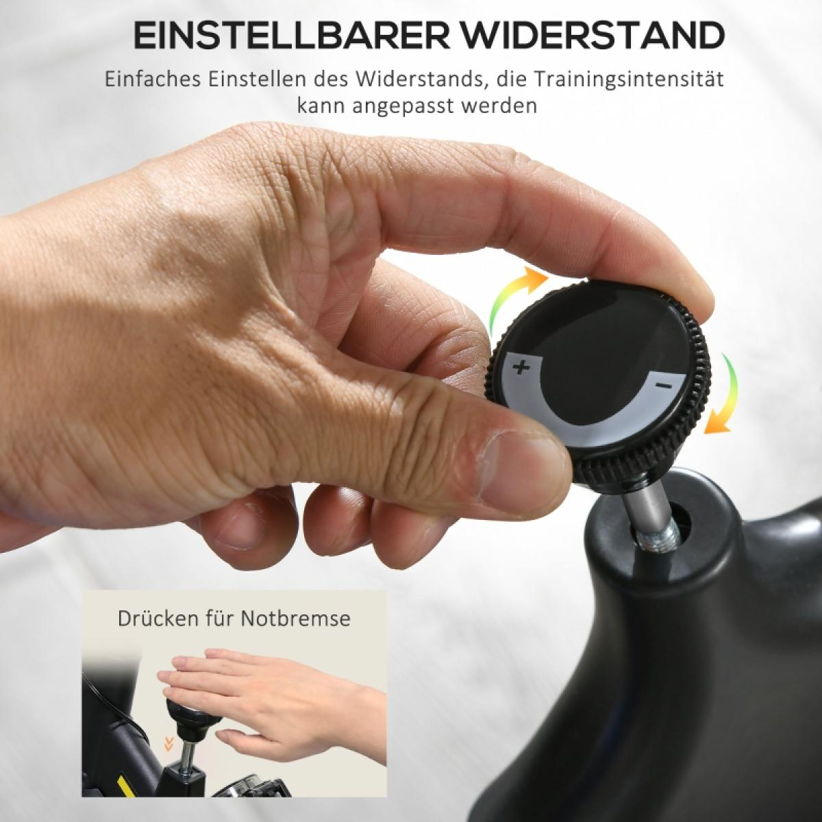 Hand justiert schwarzes Zifferblatt mit Plus- und Minuszeichen. Das Zifferblatt ist Teil eines schwarzen Trainingsgeräts. Der Text lautet einstellbarer Widerstand.