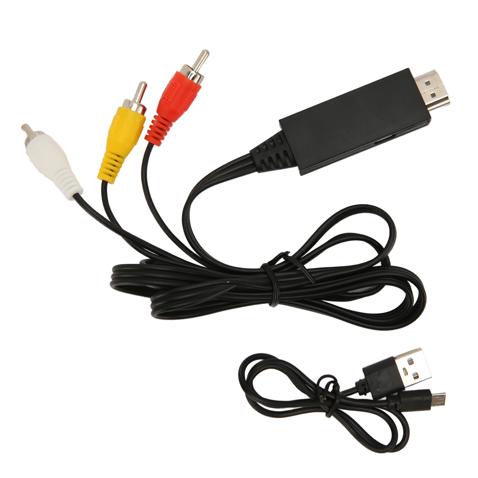 Ein HDMI-zu-Cinch-Adapter mit roten, gelben und weißen Anschlüssen. Ein USB-Kabel ist ebenfalls enthalten. Alle Artikel befinden sich auf weißem Hintergrund.