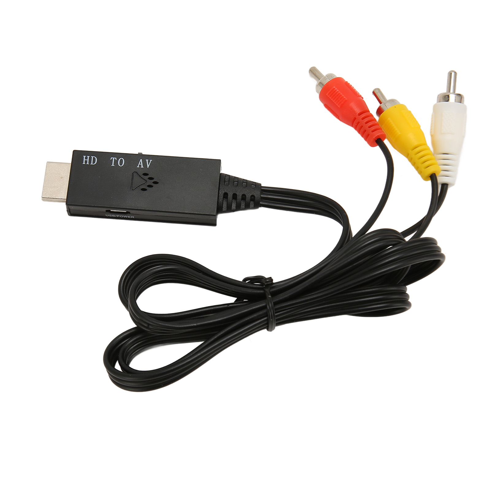 Schwarzer HD-zu-AV-Adapter mit roten, gelben und weißen Cinch-Anschlüssen. Das Kabel ist schwarz.