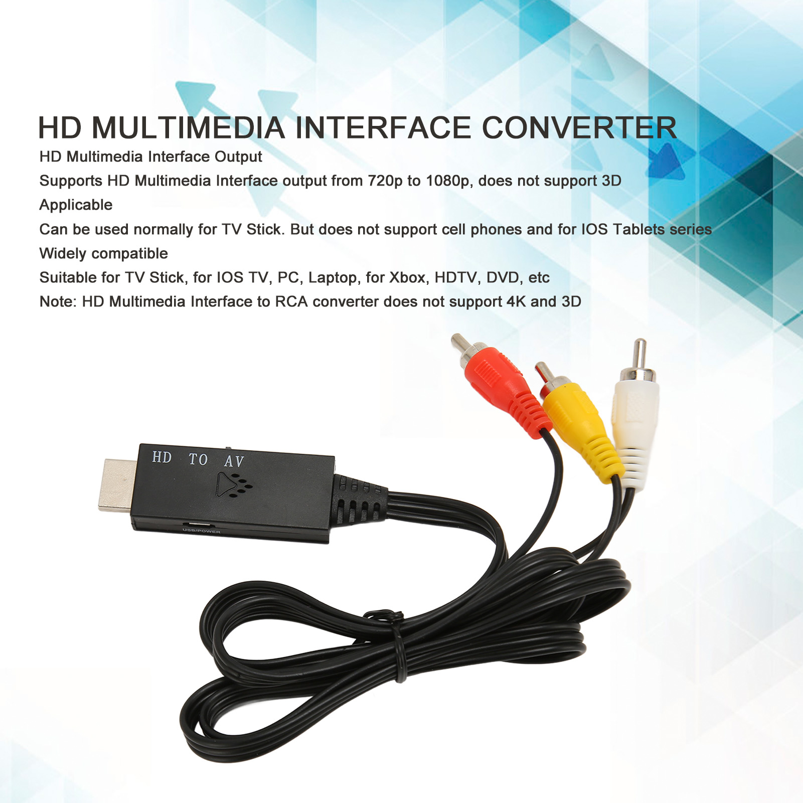 Schwarzer HD-zu-AV-Konverter mit roten, gelben und weißen Cinch-Anschlüssen. Text: 'HD Multimedia Interface Converter'.