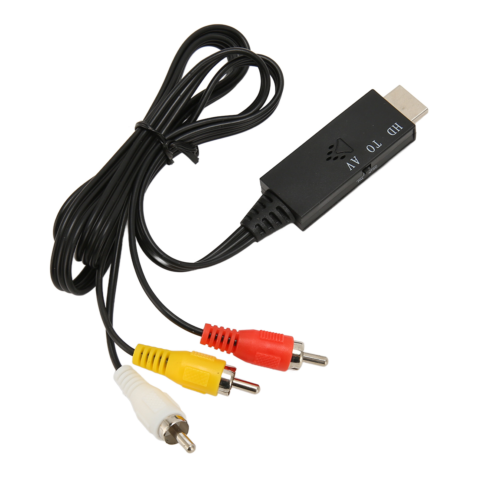 Ein HD-zu-AV-Adapter. Es hat eine schwarze Box mit Kabel und drei Cinch-Anschlüssen: rot, gelb und weiß, vor weißem Hintergrund.