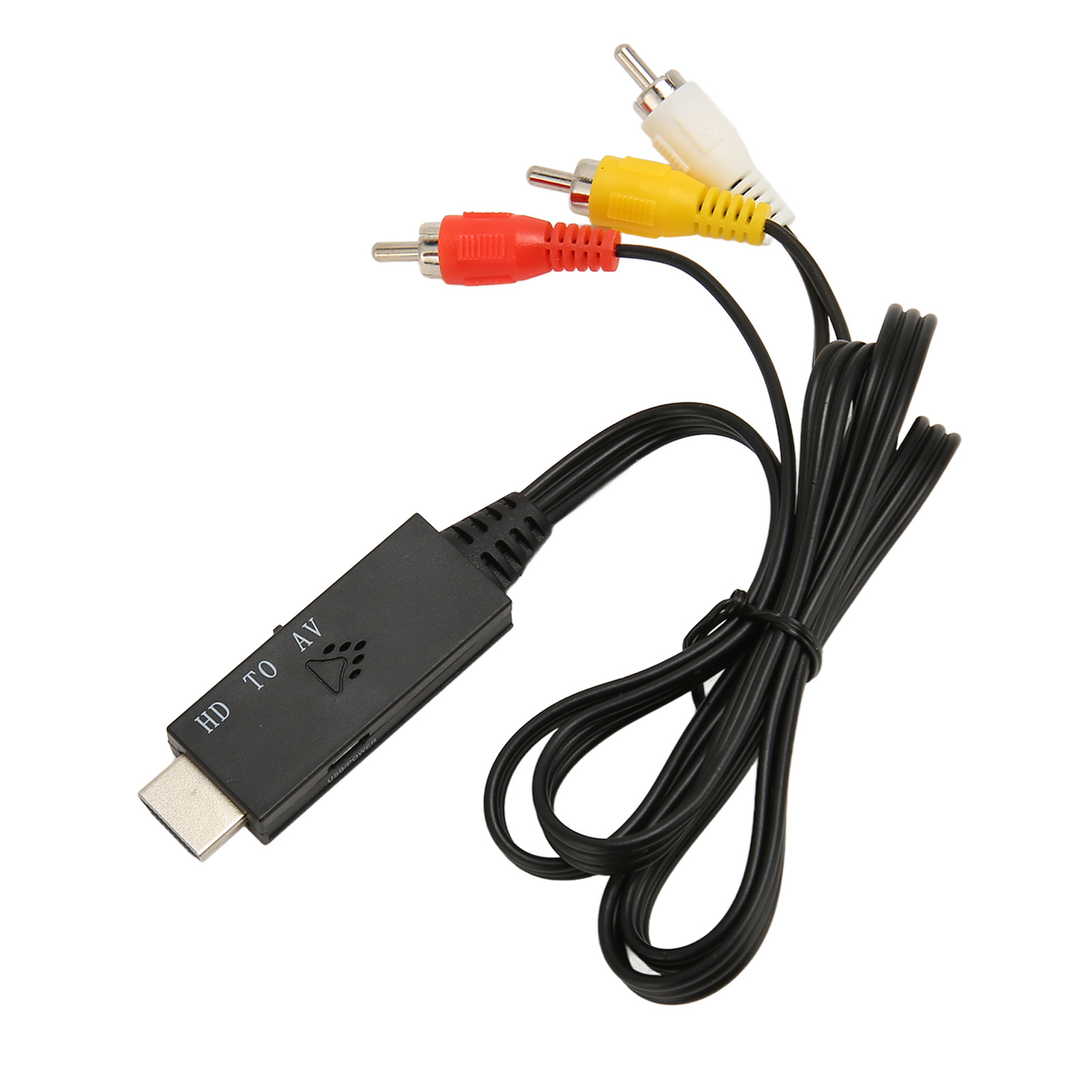 Ein schwarzes HDMI-zu-AV-Konverterkabel mit roten, gelben und weißen Cinch-Anschlüssen auf weißem Hintergrund.