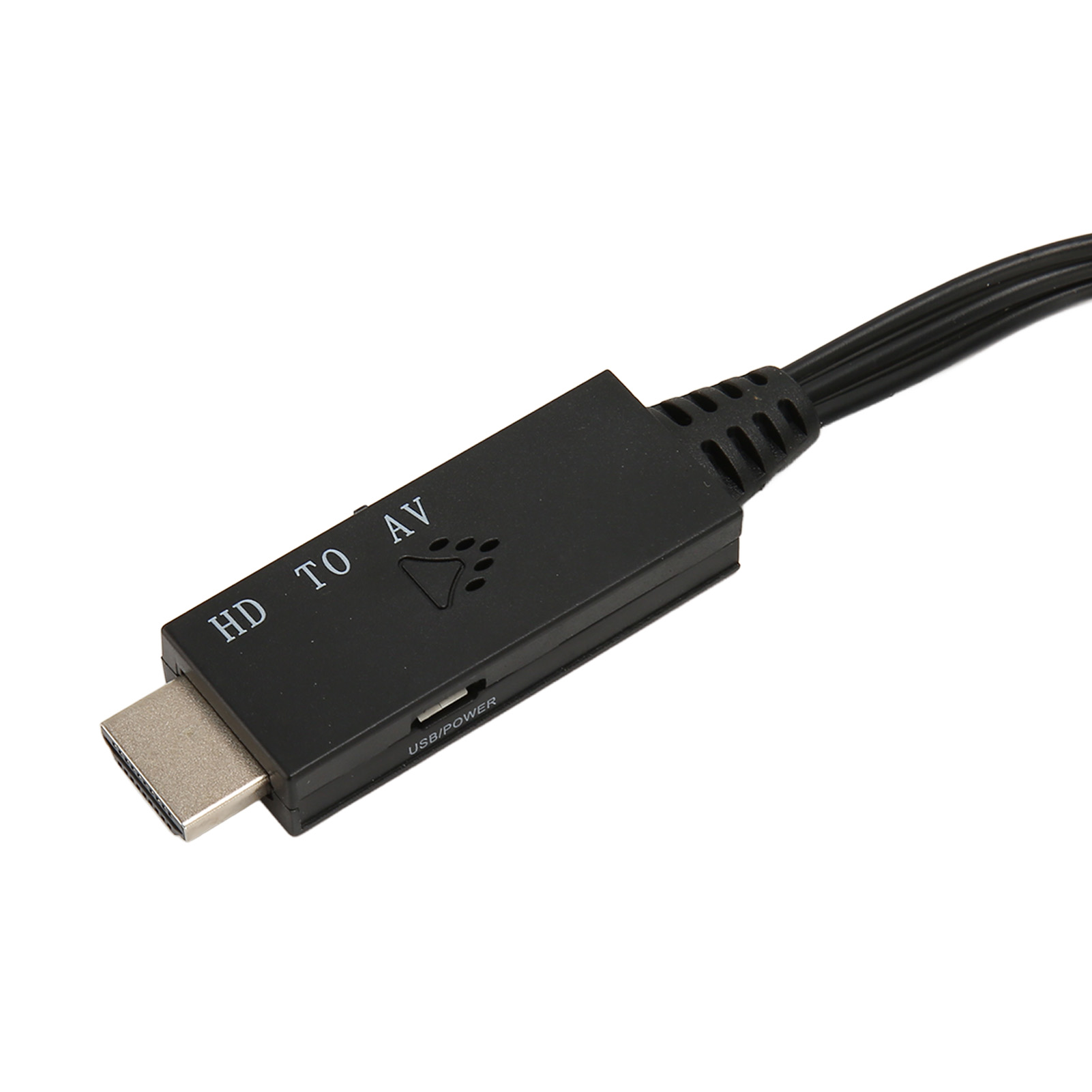 Ein HD-zu-AV-Adapter. Er hat einen HDMI-Anschluss, einen schwarzen Körper mit der Aufschrift 'HD TO AV' und USB/Power. Kabel gehen vom Gehäuse ab.