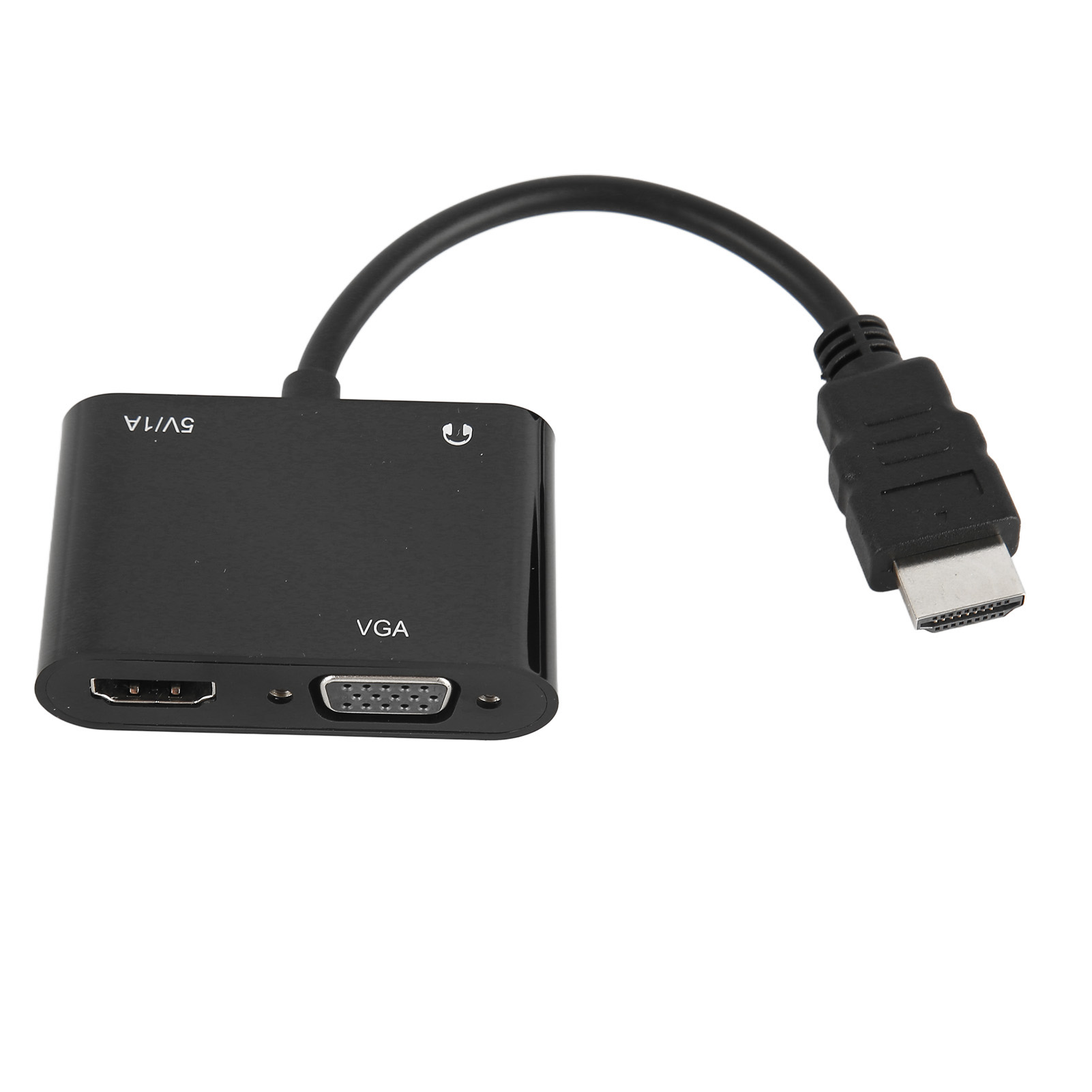 Schwarzer VGA-zu-HDMI-Adapter. Er hat ein HDMI-Kabel und einen VGA-Anschluss. Weißer Hintergrund.