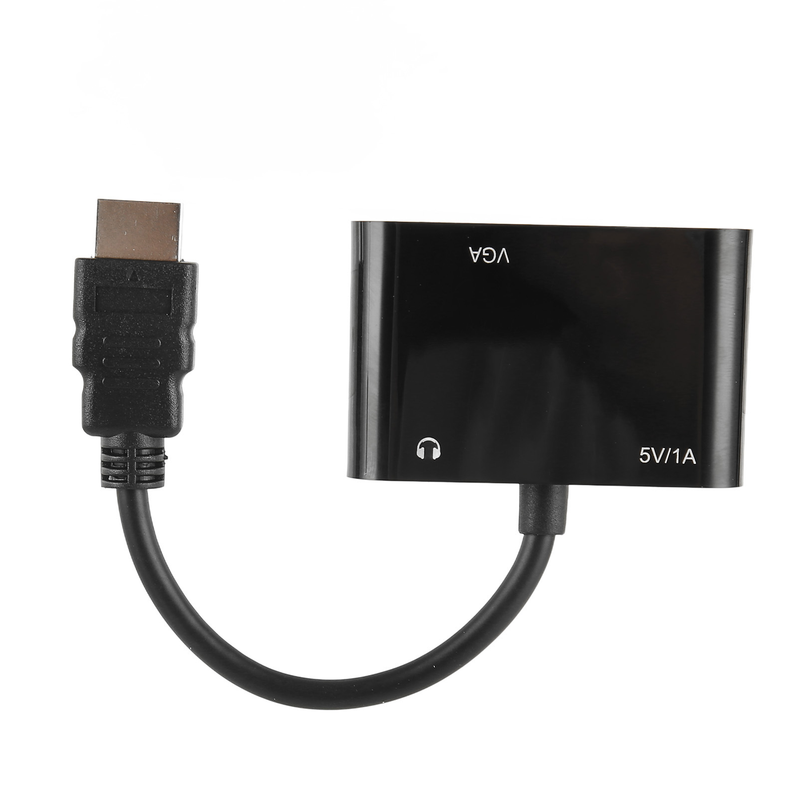 Schwarzer HDMI-zu-VGA-Adapter. Er hat einen HDMI-Anschluss, ein gebogenes schwarzes Kabel und einen schwarzen VGA-Adapter mit Text und einem Kopfhörersymbol.