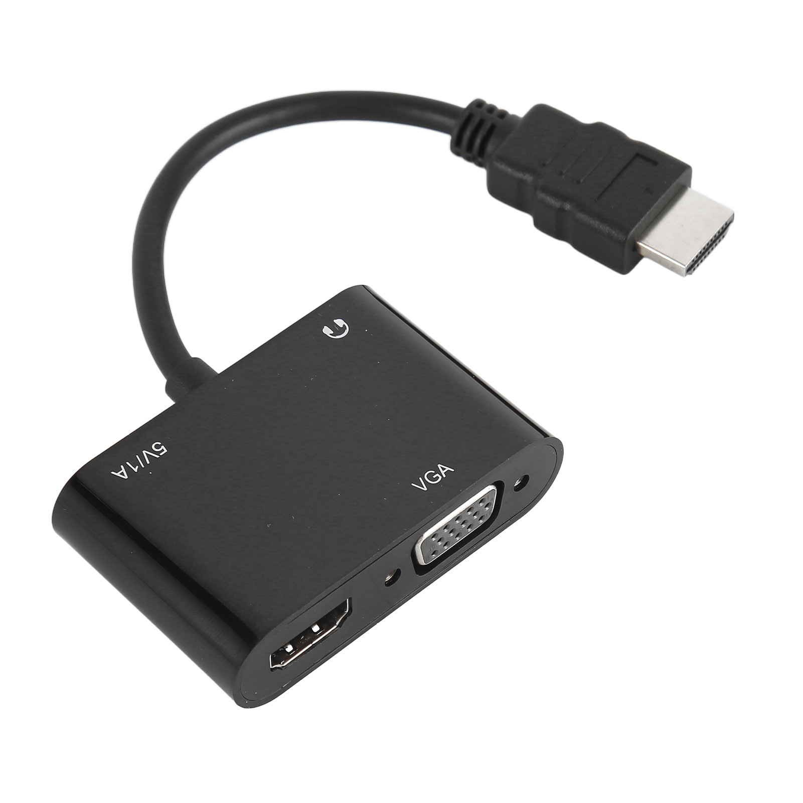 Schwarzer HDMI-zu-VGA-Adapter mit schwarzem Kabel. Er hat einen HDMI-Anschluss und einen VGA-Anschluss. Weißer Hintergrund.