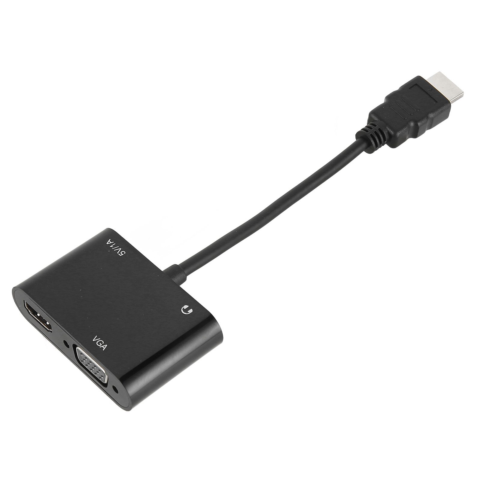 Schwarzer Adapter mit HDMI-, VGA- und USB-C-Anschlüssen. Es hat ein schwarzes Kabel und einen weißen Hintergrund.