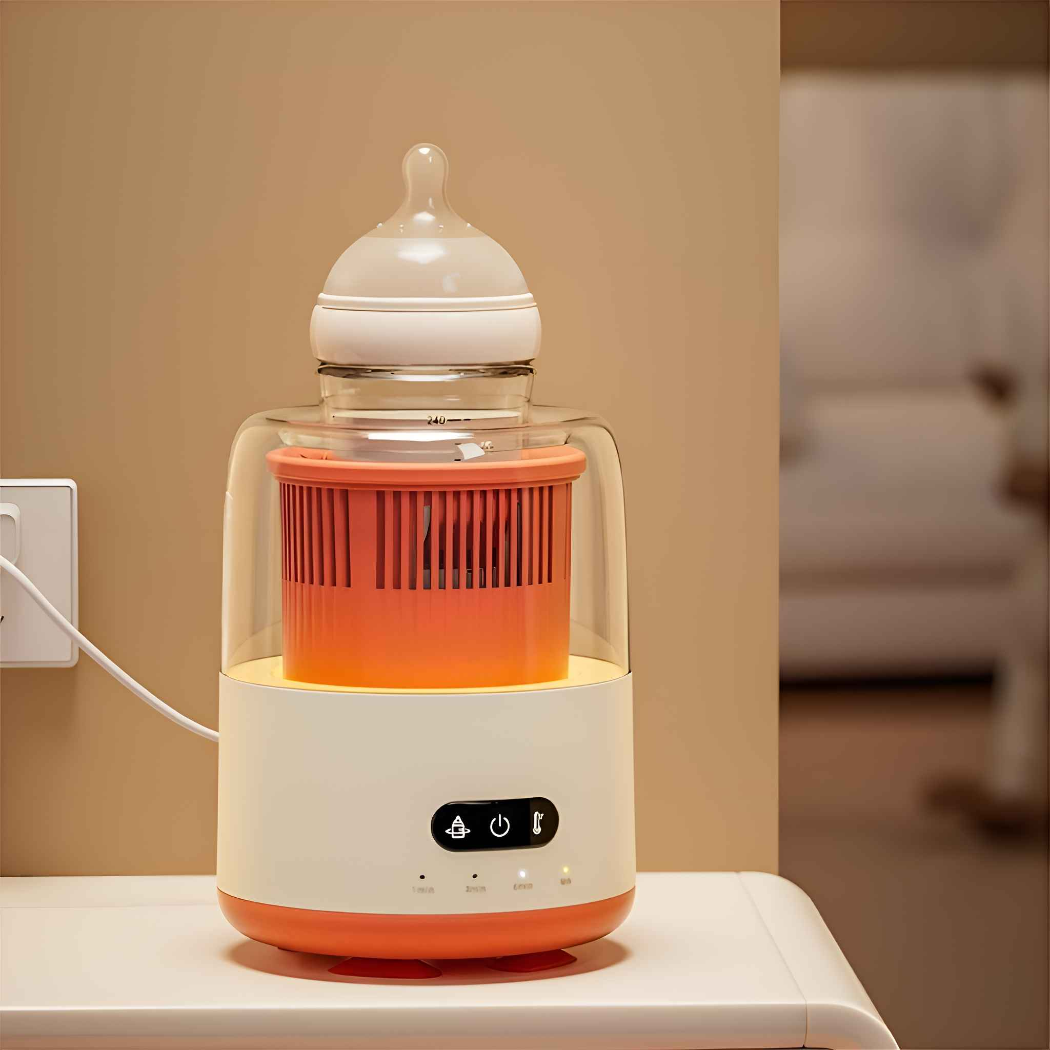 Babyflaschenwärmer mit Flasche. Er hat einen orangefarbenen Korb und einen weißen Sockel. Der Hintergrund ist beige.