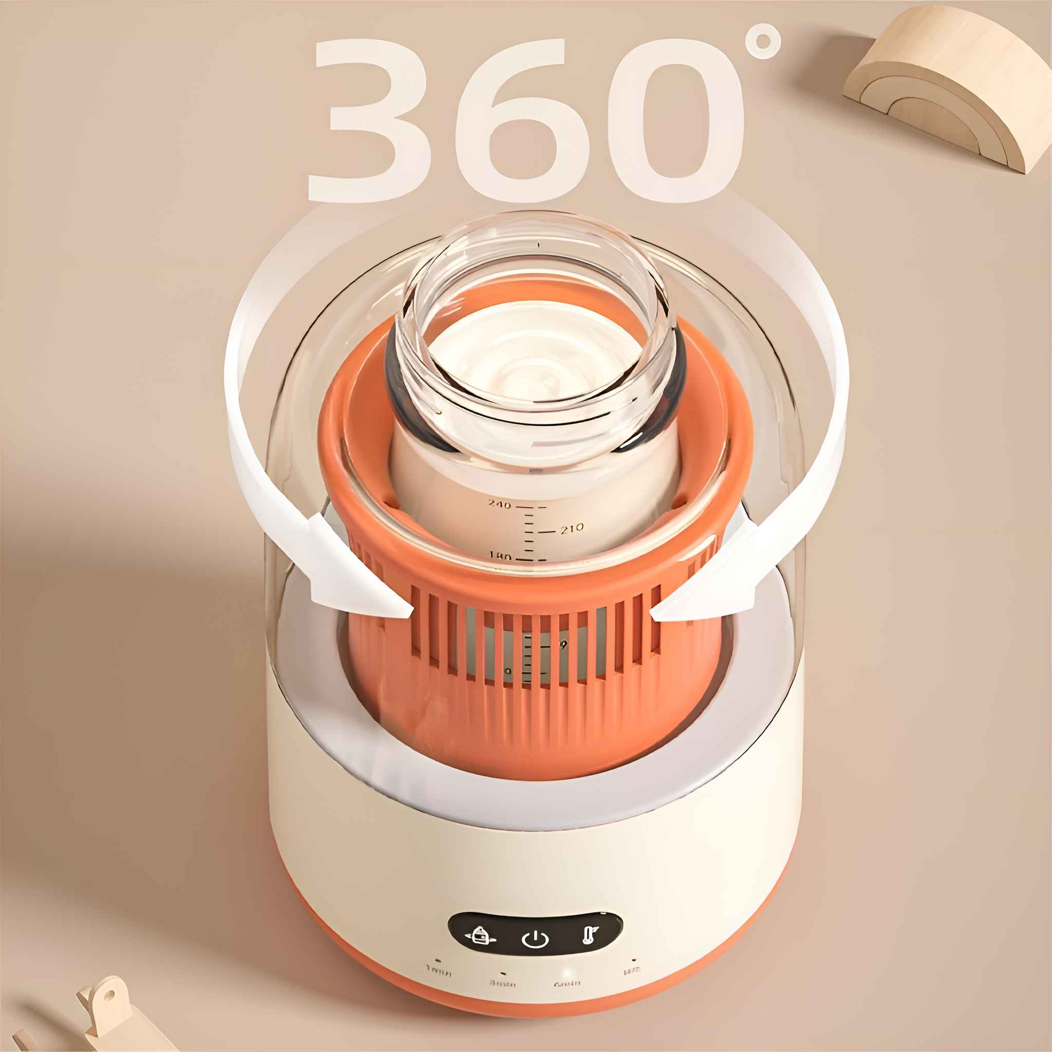 Ein Babyflaschensterilisator mit orangefarbenem und weißem Design. Er hat einen Glasbehälter und ist mit 360 Grad markiert.