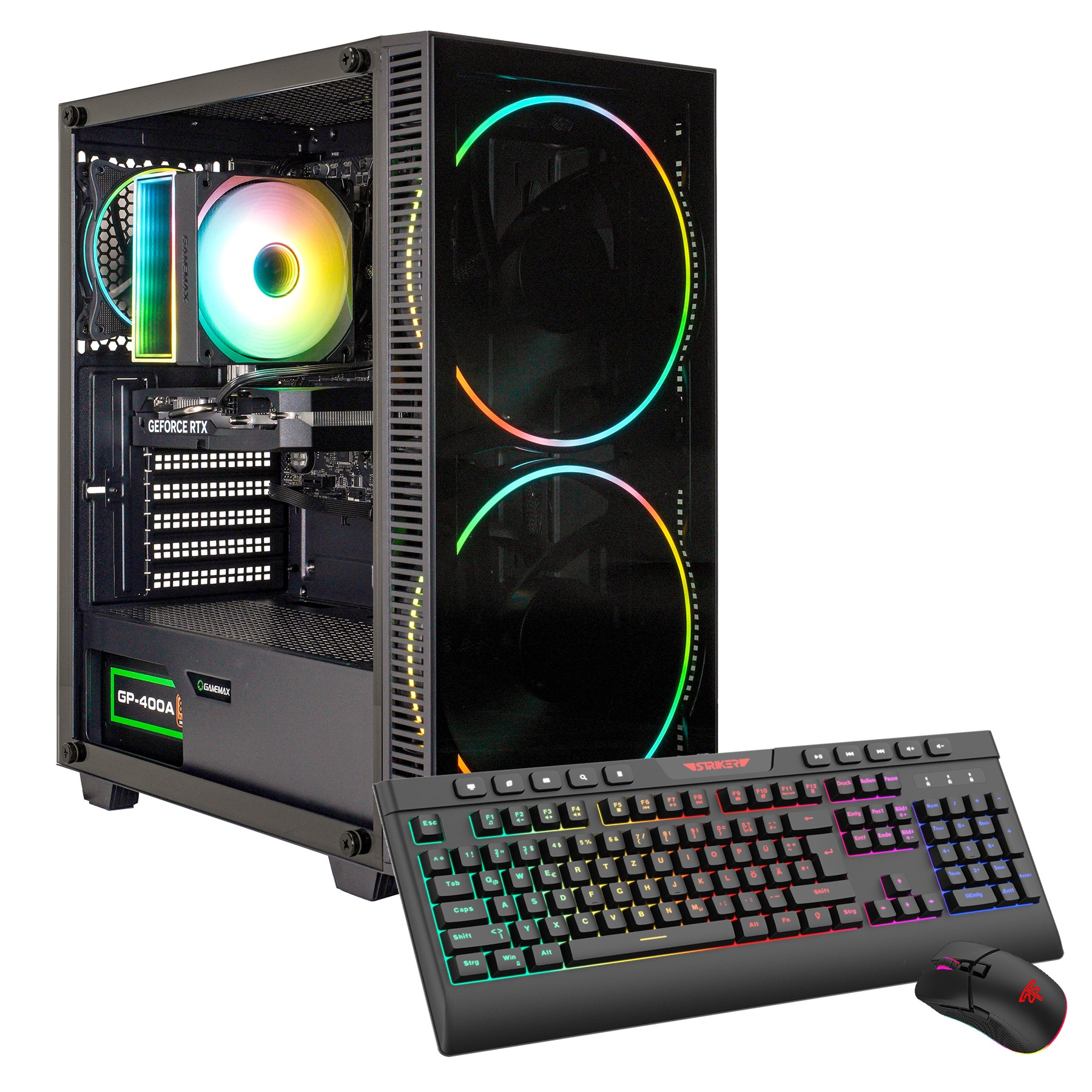 Ein Gaming-PC mit Glasseitenwand, RGB-Tastatur und Maus. Der PC hat bunte Lichter und eine GeForce RTX-Karte.