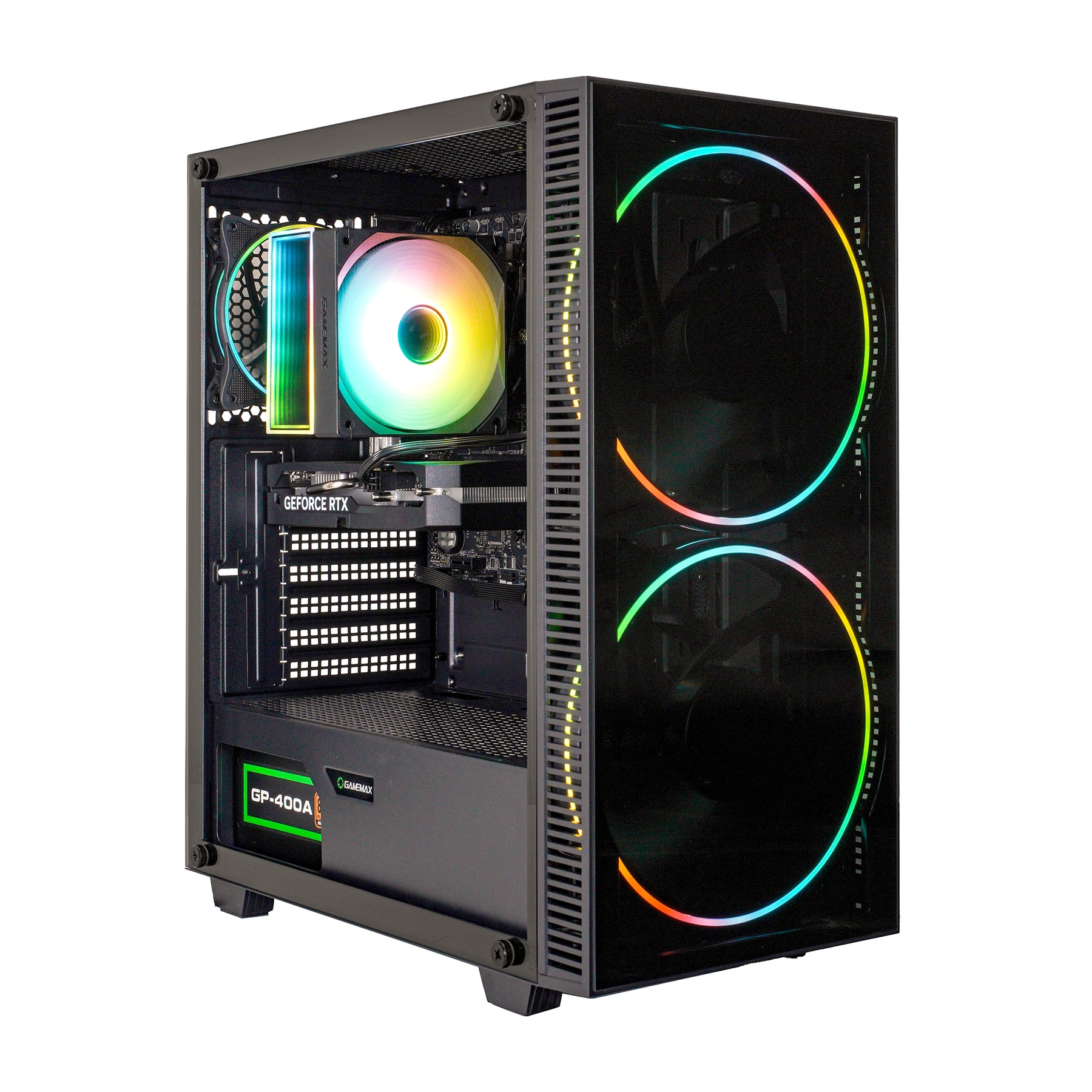 Ein schwarzes Computergehäuse mit Glasseitenwand. Innen sind ein bunter CPU-Kühler und eine Grafikkarte sichtbar.