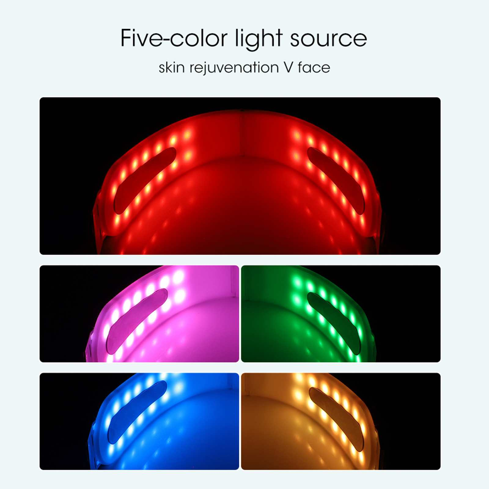 Das Bild zeigt eine Fünffarben-Lichtquelle zur Hautverjüngung. Es zeigt rotes, rosa, grünes, blaues und gelbes Licht in einer gekrümmten Form.