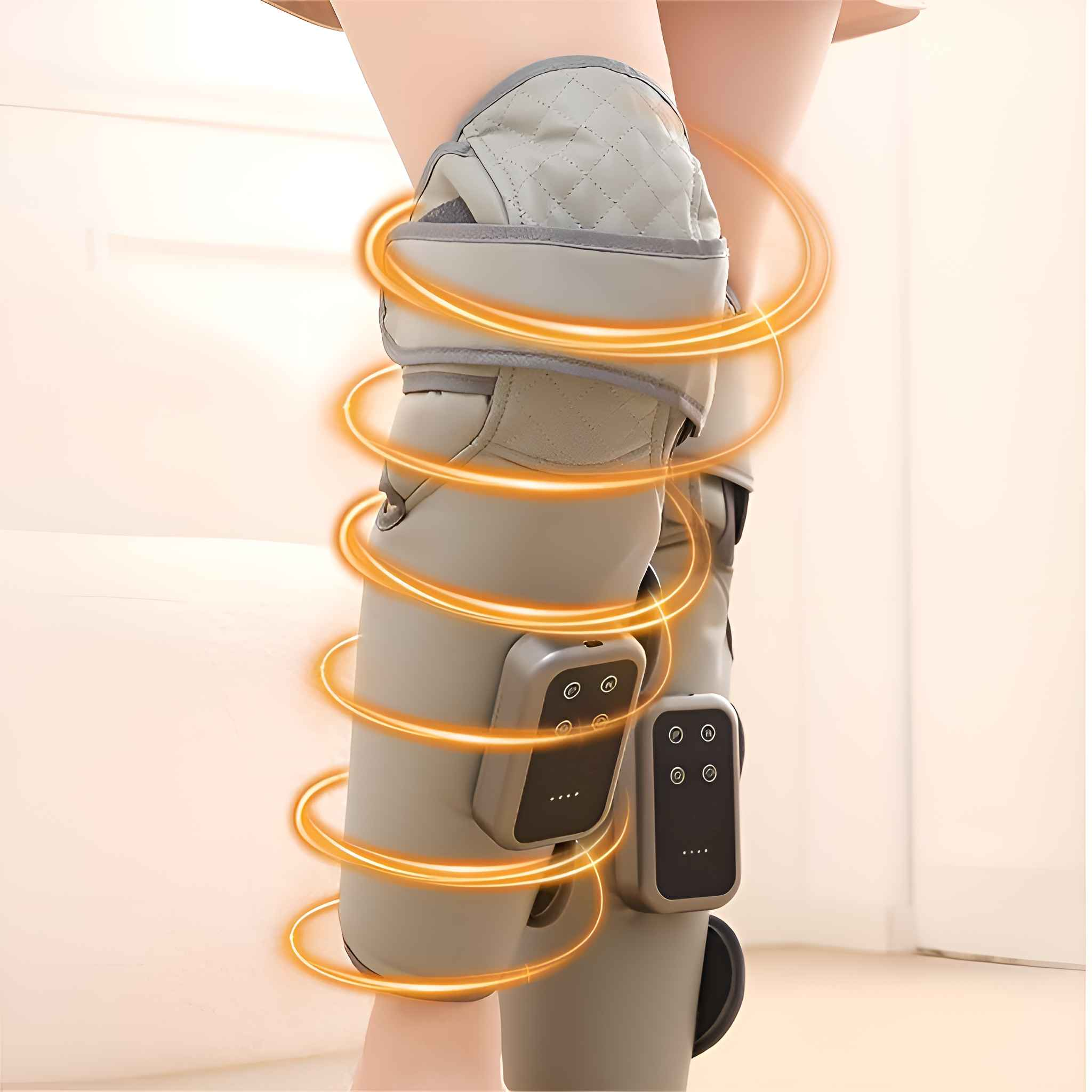 Person, die Kniemassagegeräte trägt. Graue und beige Massagegeräte mit Controllern. Orangefarbene Energieschwünge um die Beine.