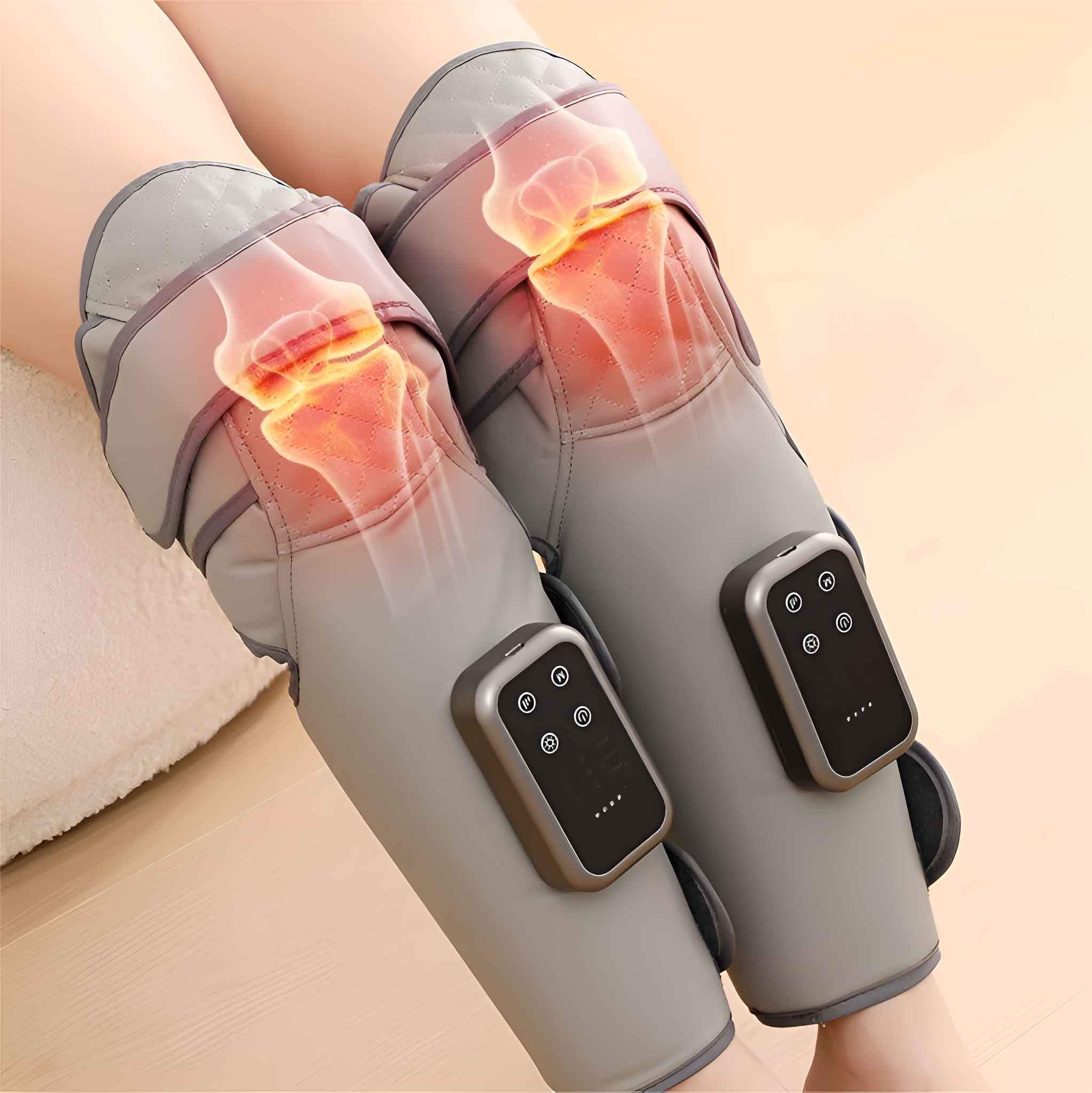 Zwei Knie mit grauen Massageärmeln. Leuchtende Kniegelenke sind hervorgehoben. Jedes hat ein Bedienfeld mit Knöpfen.