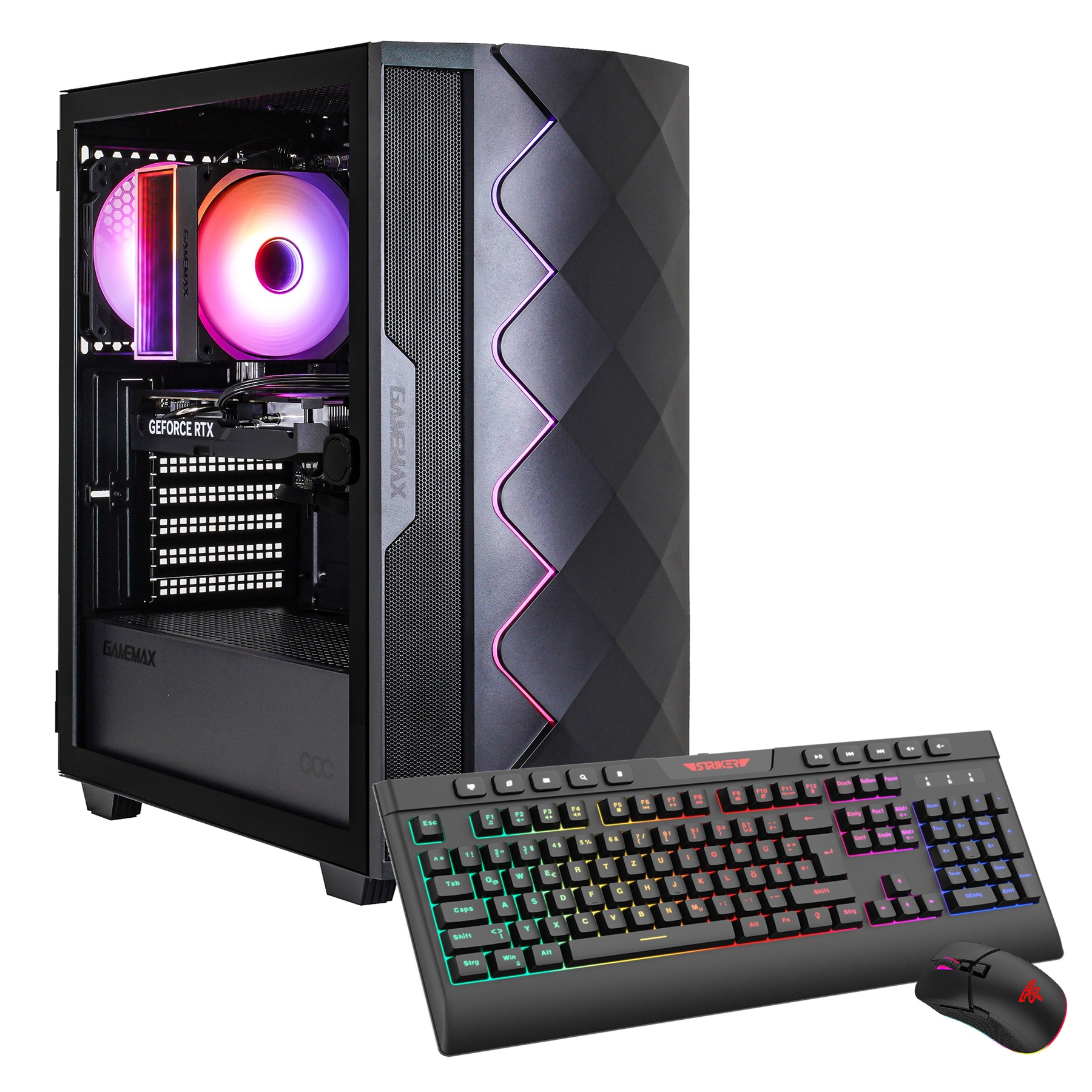 Ein schwarzes Computergehäuse mit einem regenbogenfarben beleuchteten Lüfter, eine schwarze Tastatur und eine Maus auf weißem Hintergrund.