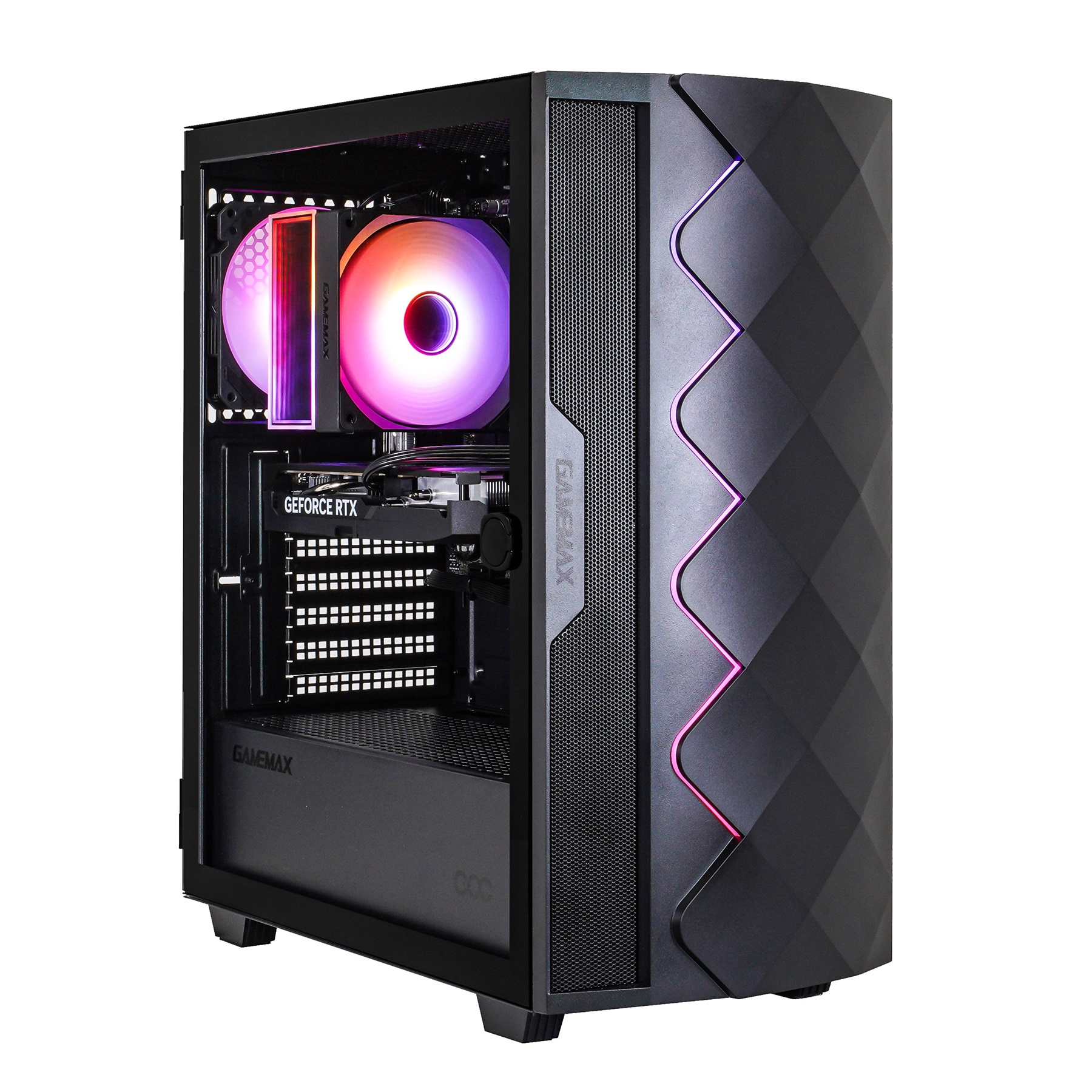 Schwarzes Computergehäuse mit rosa und lila Beleuchtung. Lüfter und interne Komponenten sichtbar. GameMax-Logo vorne.