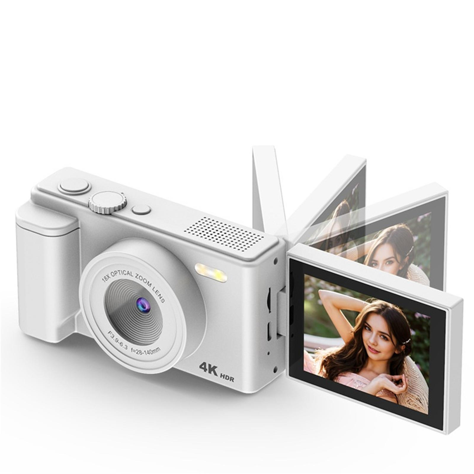 Eine weiße Digitalkamera mit ausklappbarem Bildschirm, auf dem eine Frau zu sehen ist. Die Kamera hat ein Objektiv und die Aufschrift 4K HDR.