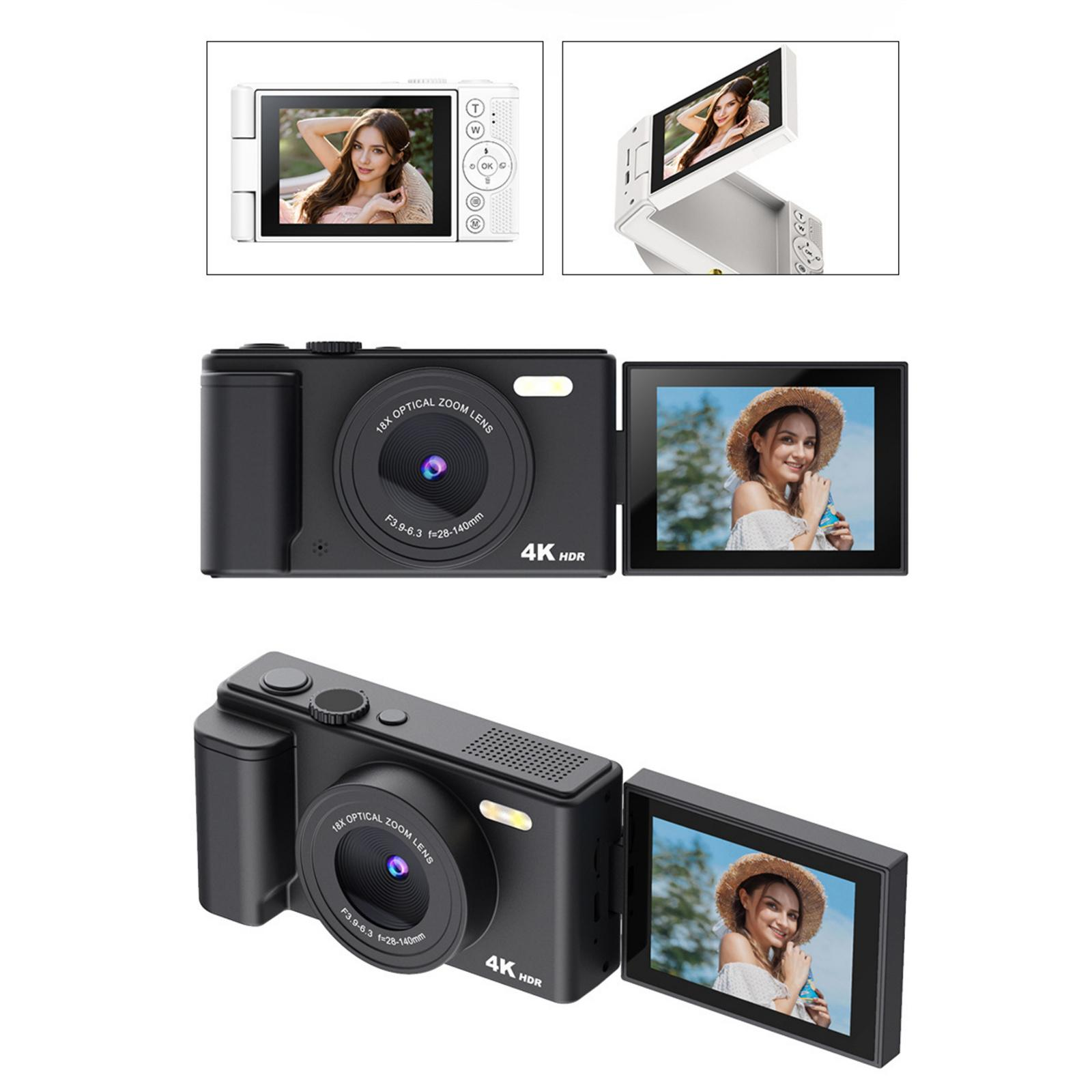 Mehrere schwarze Kameras mit geöffneten und geschlossenen Bildschirmen, die das Bild einer Frau zeigen. Die Kamera hat ein Zoomobjektiv und 4K HDR.