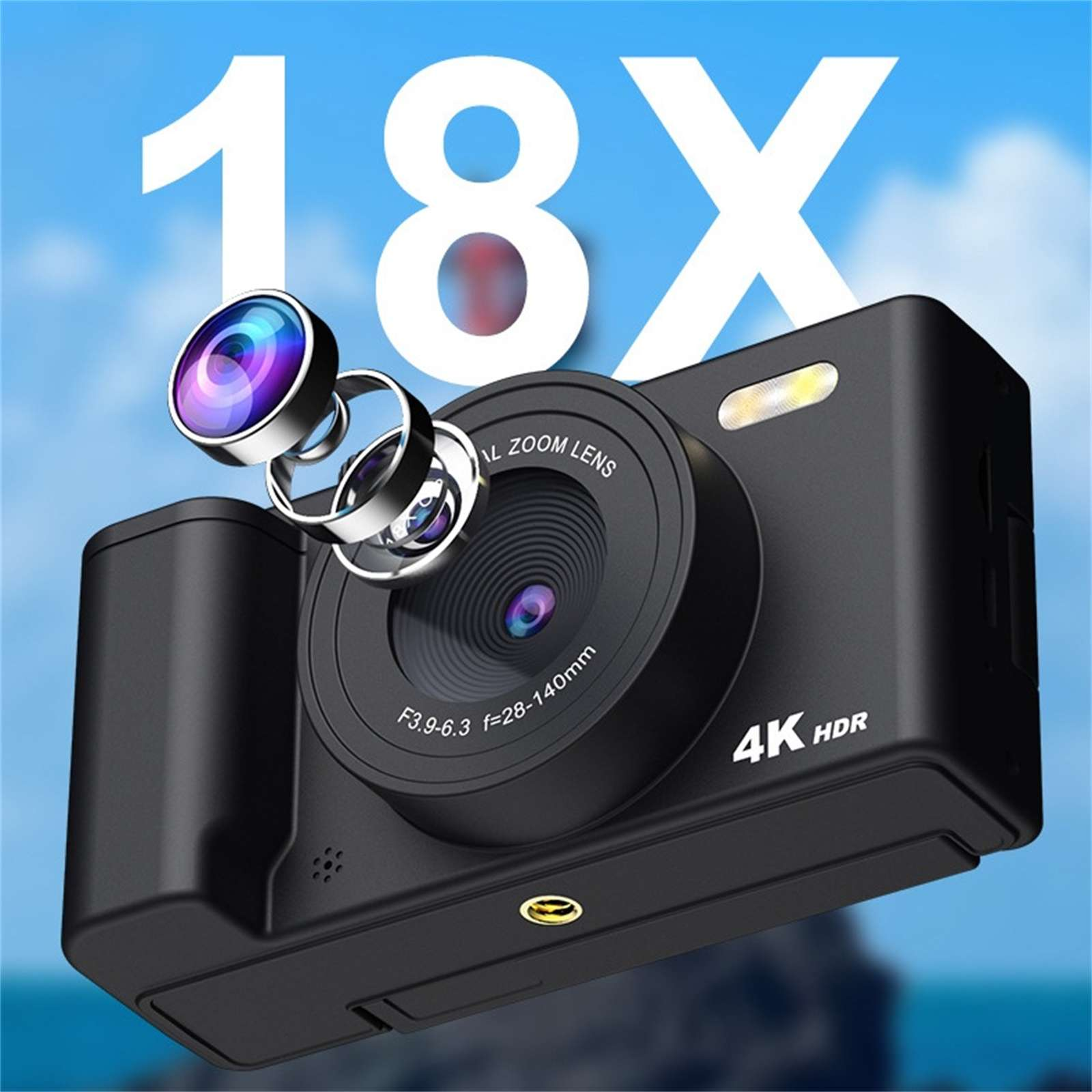 Schwarze Digitalkamera mit 18-fachem Zoom, 4K HDR und blauem Himmel. Linsendetails: f=28-140mm, F3.9-6.3.
