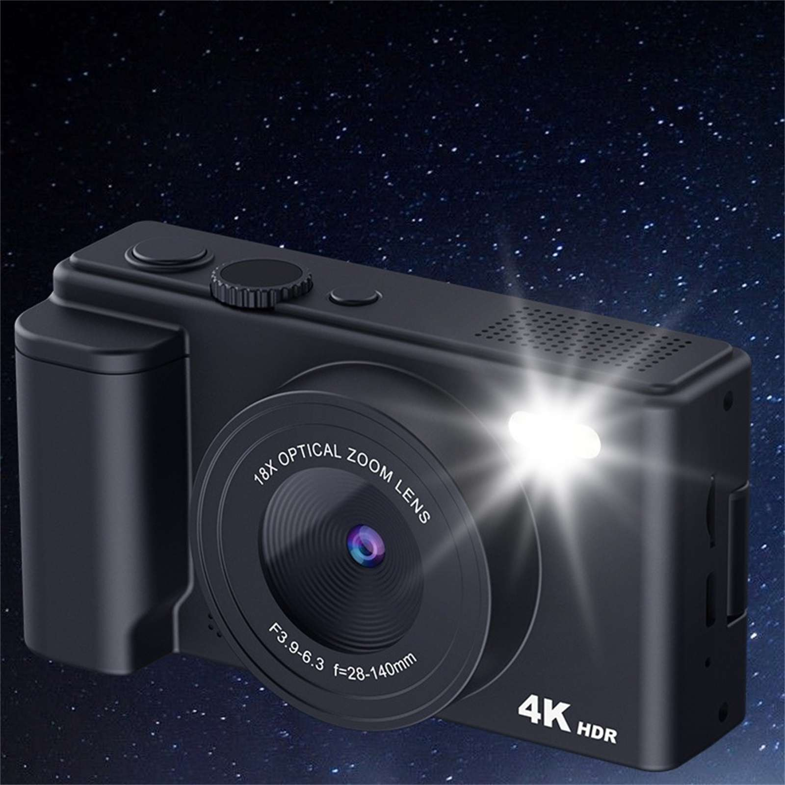 Eine schwarze Digitalkamera mit optischem Zoomobjektiv, 4K HDR und Blitz. Der Hintergrund ist ein Sternenhimmel.