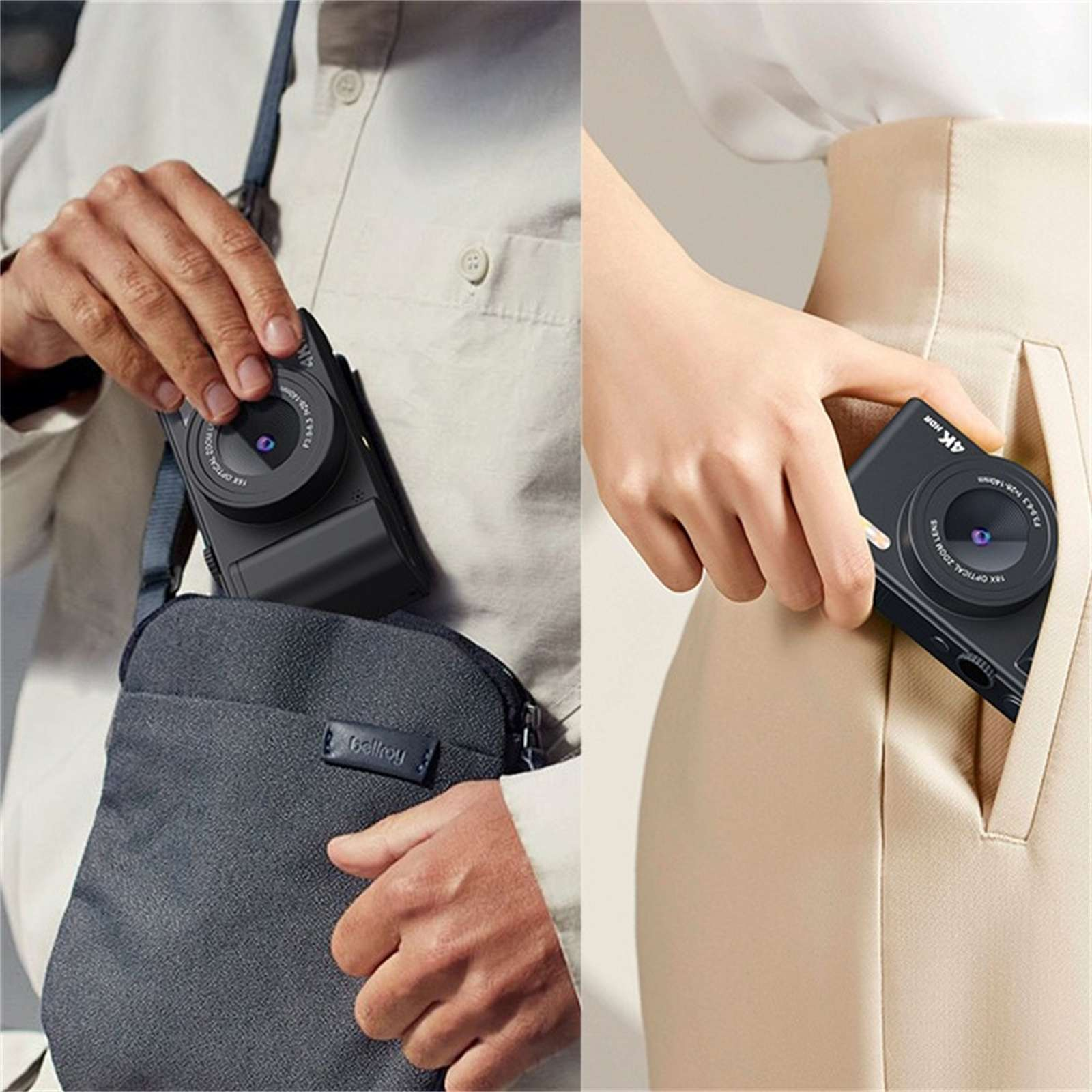 Eine Person hält eine schwarze Kamera neben einer Tasche. Eine andere Person hält die gleiche Kamera in ihrer Tasche.