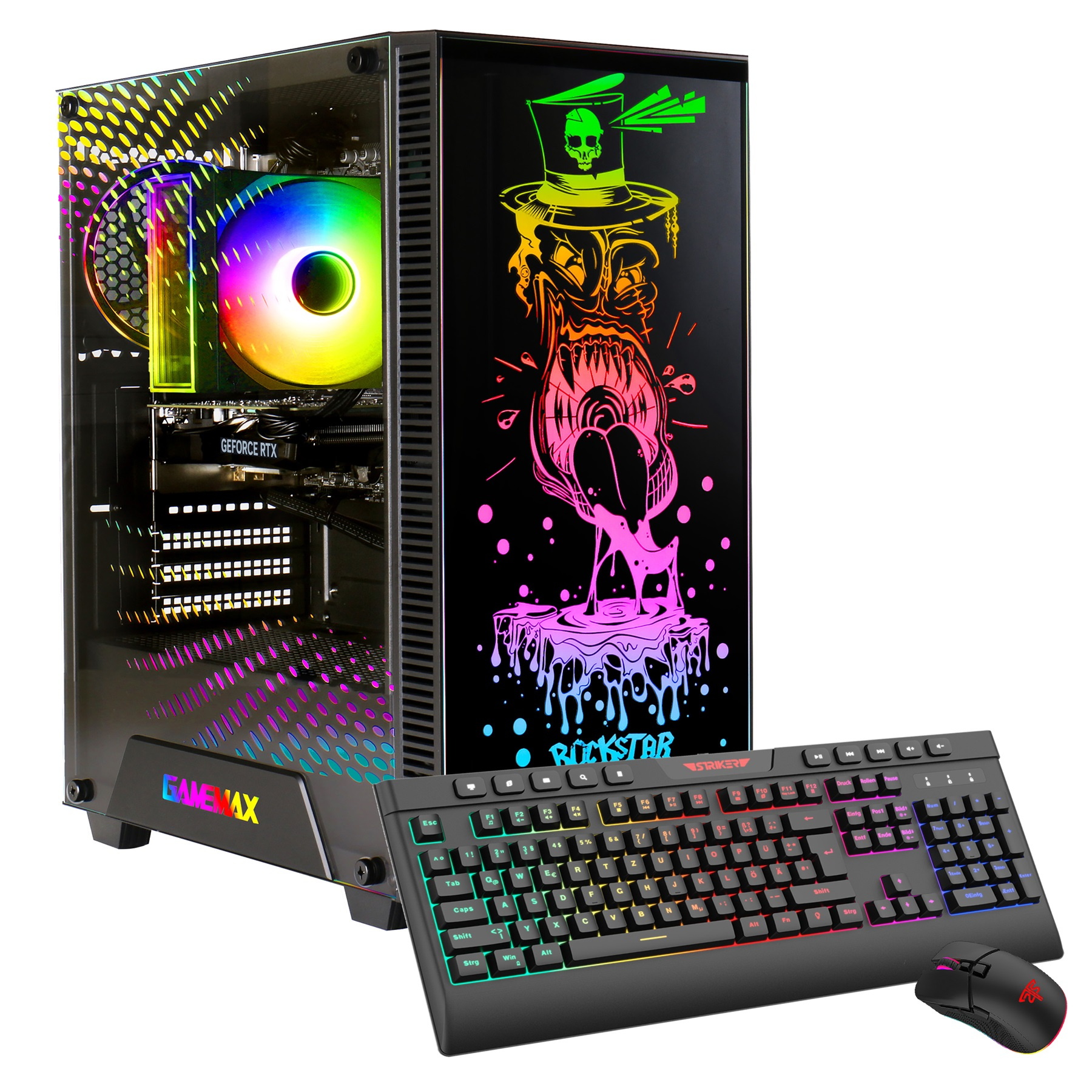Ein Gaming-PC mit farbenfrohem Schädeldesign auf der Frontplatte, Tastatur und Maus auf weißem Hintergrund.