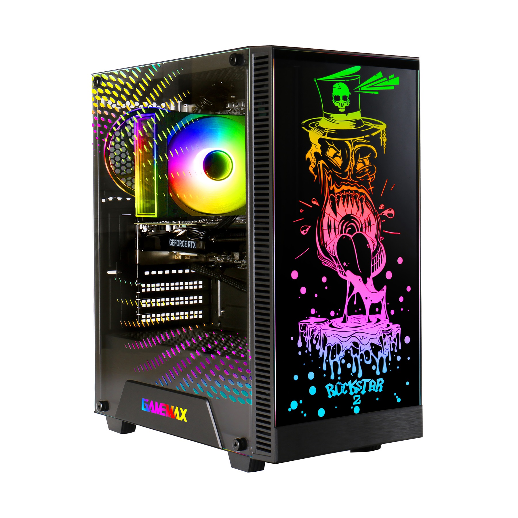 Ein Computergehäuse mit Glasplatte, das interne Komponenten und eine farbenfrohe Grafik eines Schädels und eines Schmelzdesigns zeigt.