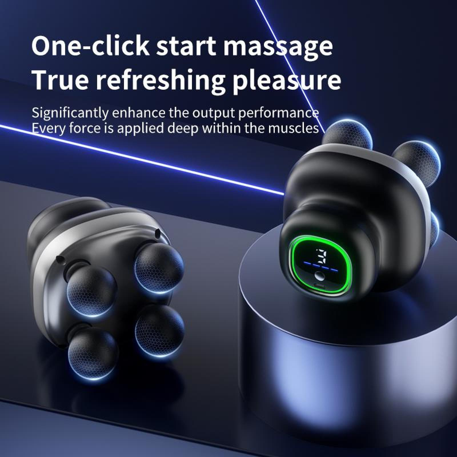 Zwei schwarze Massagegeräte mit mehreren Kugeln, eines mit Display, auf dunkler, blauer Oberfläche. Text: One-click start massage.