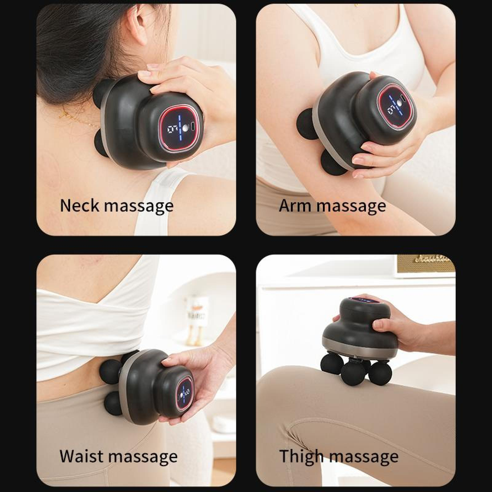 Das Bild zeigt ein schwarzes Massagegerät, das an Nacken, Arm, Taille und Oberschenkel verwendet wird. Jeder Bereich ist beschriftet.