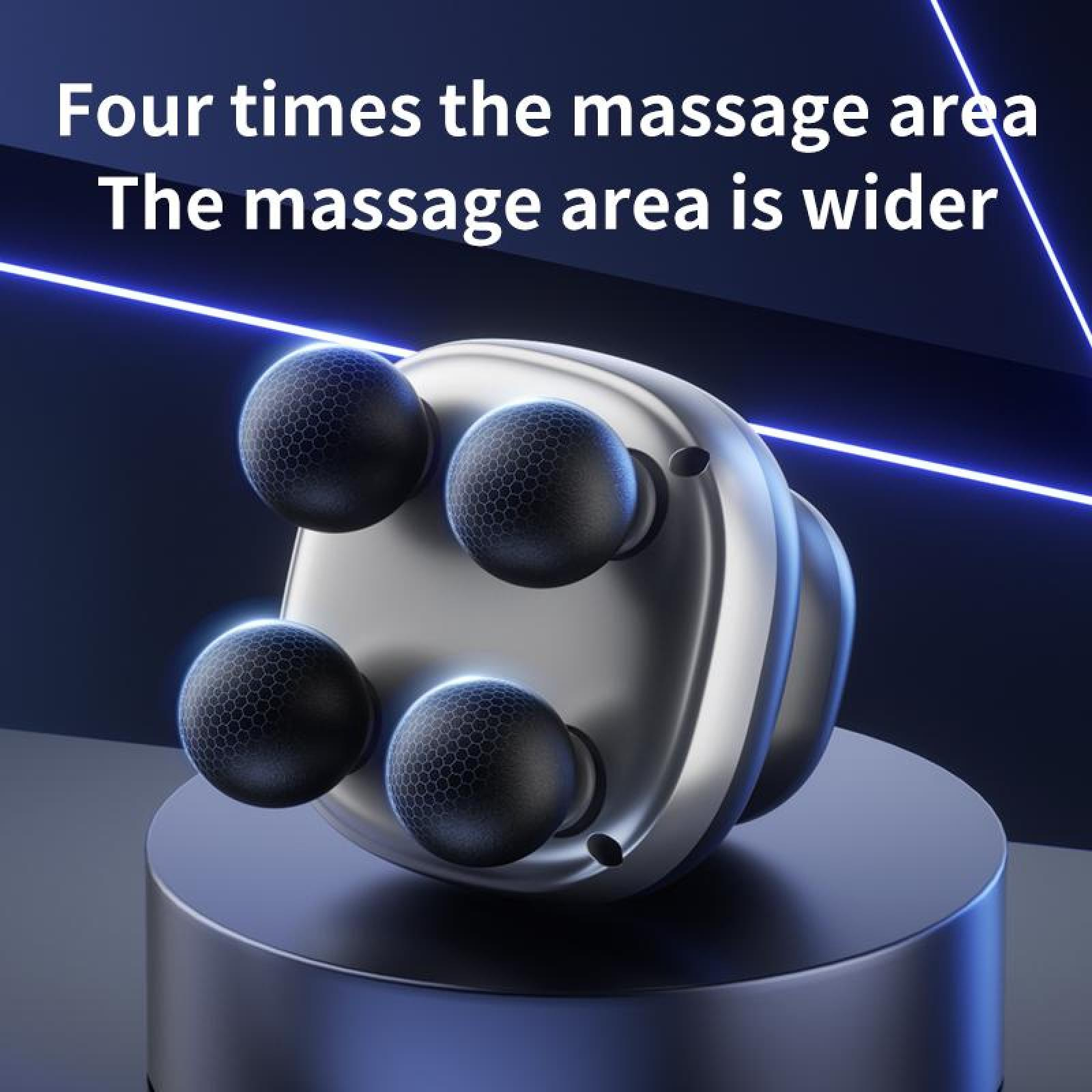 Ein silbernes Massagegerät mit vier schwarzen Massageköpfen auf einer blauen Plattform, Text lautet 'Vierfache Massagefläche.'