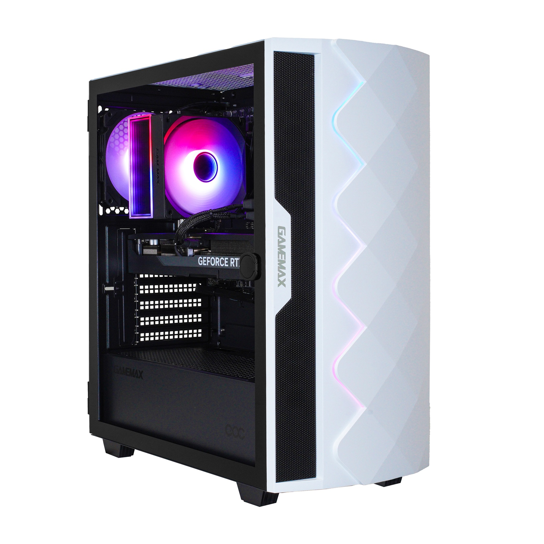 Weißes Computergehäuse mit RGB-Beleuchtung. Das Gehäuse hat eine schwarze Front und eine weiße Seitenwand mit rautenförmigen Mustern.