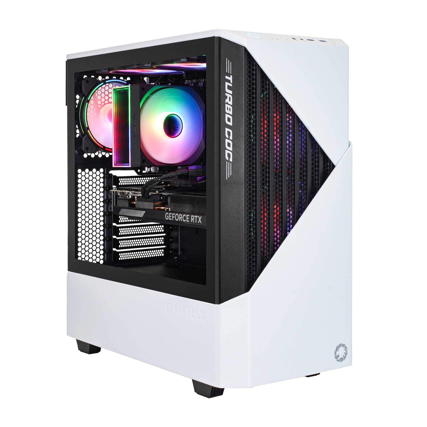 Weißes Computergehäuse mit RGB-Lüftern und sichtbaren internen Komponenten durch eine Glasscheibe. Die Front hat ein GAMEMAX-Logo.