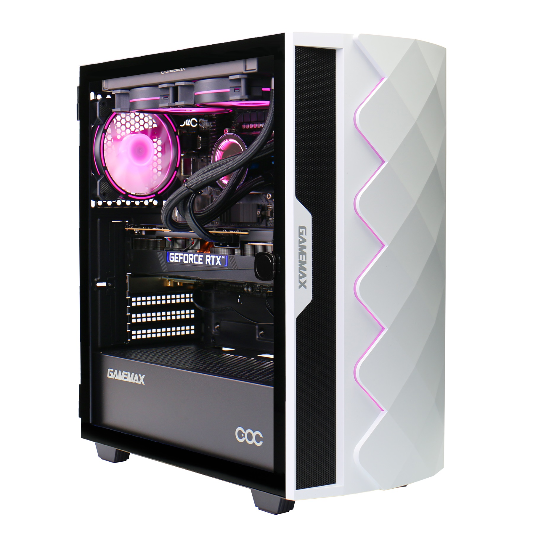 Ein weißes und schwarzes Computergehäuse mit rosa Lichtern und Lüftern. Es hat eine Glas-Seitenwand, die die internen Komponenten zeigt.